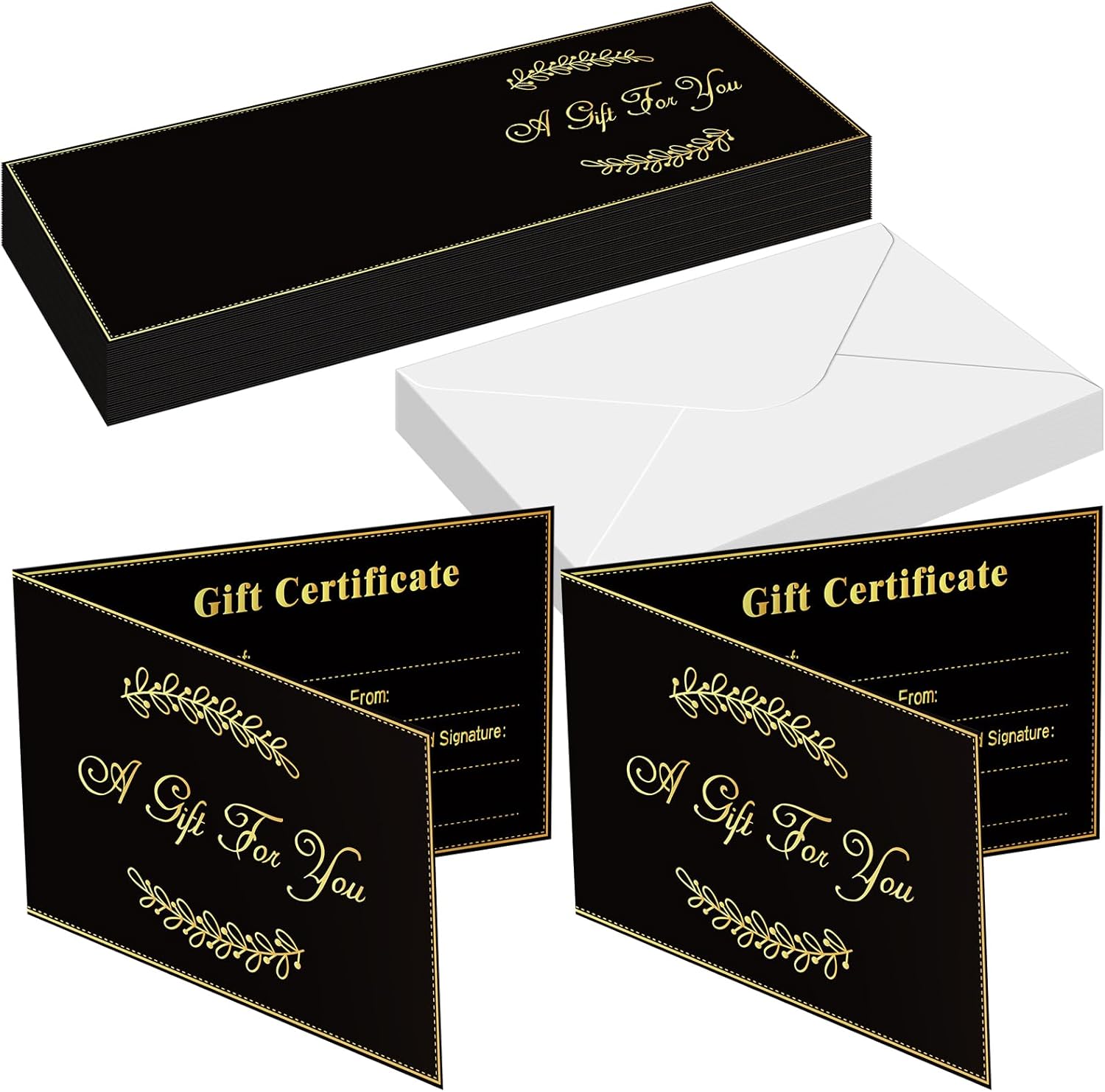 Sinmoe 50 Sets Gift Certificates for Business Kraft Xmas Blank Gift Certificate Cards with 50 Pcs Envelopes for Beauty Salon Restaurant Birthday Client Wedding 3.9 x 5.9 Inch (Black,Classic)