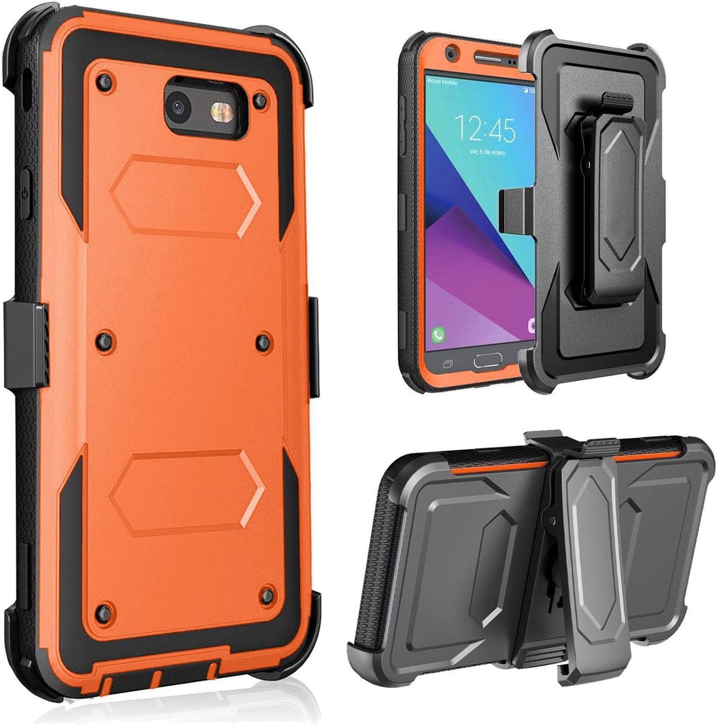 J.west Galaxy J7 Sky Pro Case,Galaxy J7 Prime / J7 V / J7 Perx / J7 2017 Case, Full-Body Rugged Belt Clip Holster Kickstand Case Without Built-in Screen Protector, Orange