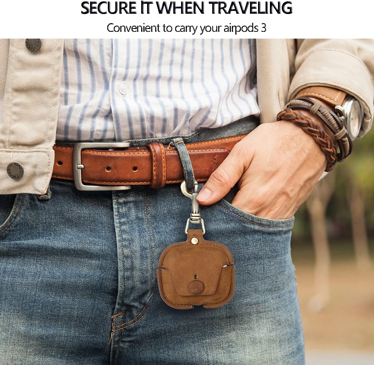 Leather Protective Case for AirPods 3(2021), Retro Premium Genuine Leather Shockproof Case Cover with Keychain for AirPods 3rd Generation, Supports Wireless Charging, Earbuds Accessories Brown
