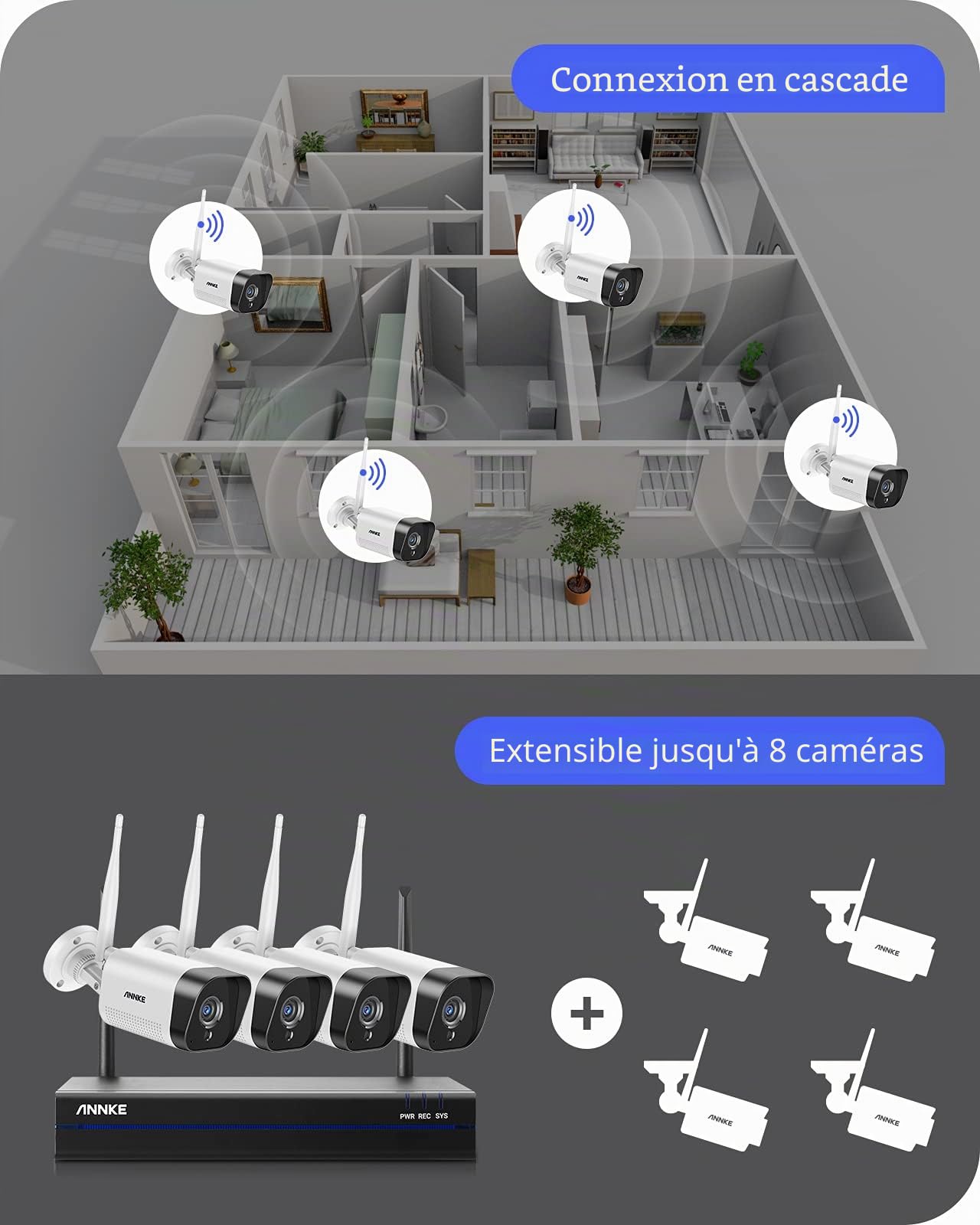 ANNKE 2K Kit de vidéosurveillance WiFi, double bande 2,4/5 GHz, 4K NVR 16 CH 1 To + 4 caméras Wi-Fi extérieures, vision nocturne à couleurs, audio à 2 voies, détection de personnes, IP67, boîtier