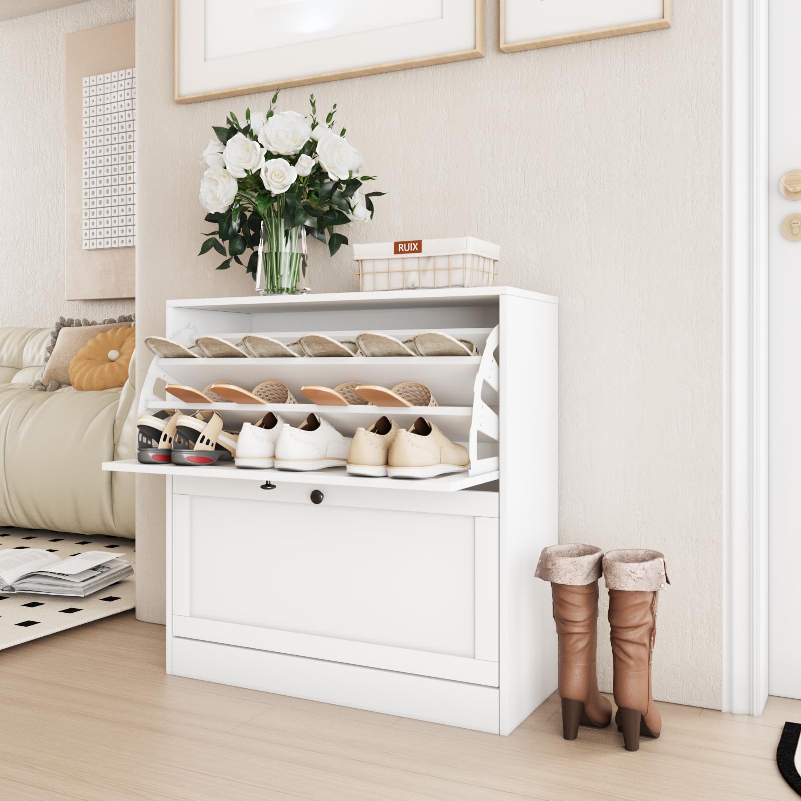 VOWNER Scarpiera Portascarpe in Legno, Scarpiera Slim, Ingresso, Regolabili, con 2 Ante a Ribalta e Tripla Profondita, 80x80x30 cm (LxAxP), per Ingresso Casa, Bianco