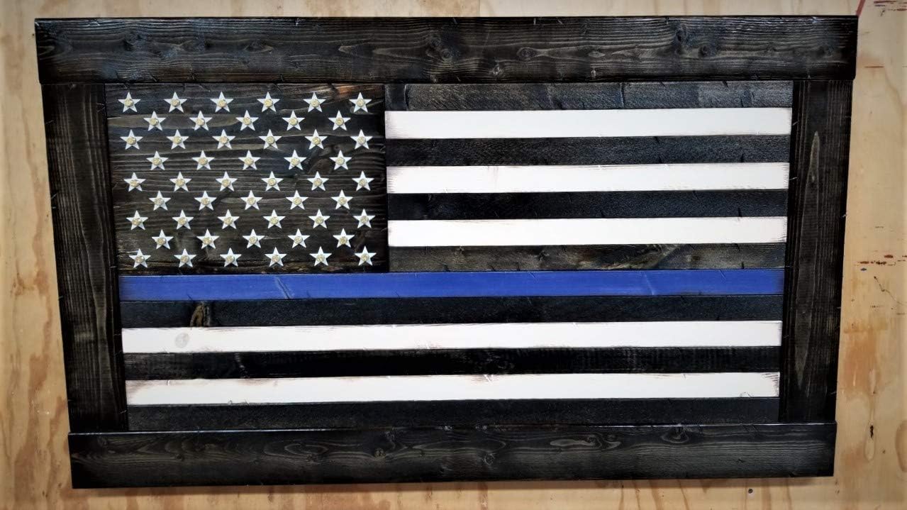 Wooden Rustic-Style Thin Blue Line American Flag w/Shell Casings (Framed; 26"x44")