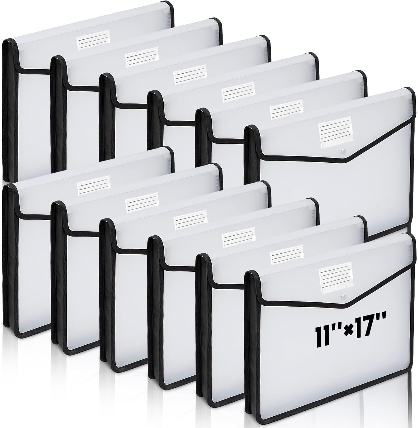 AmazingSpark 12 Pcs 11 x 17 Inch Expandable Tabloid Size Document Folder Organizers with Snap Closure & Label, Clear Plastic Expanding File Folder for A3 Ledger Size Plots Charts (Black)