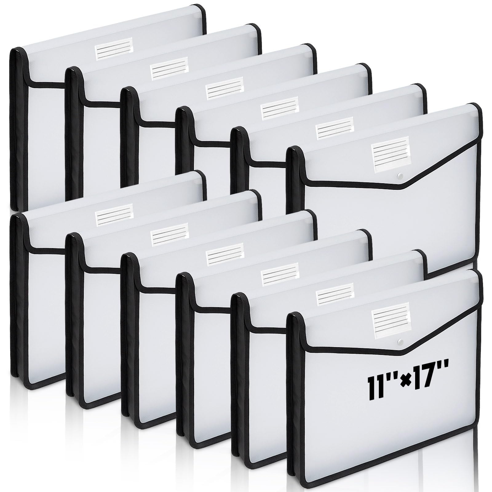 AmazingSpark 12 Pcs 11 x 17 Inch Expandable Tabloid Size Document Folder Organizers with Snap Closure & Label, Clear Plastic Expanding File Folder for A3 Ledger Size Plots Charts (Black)