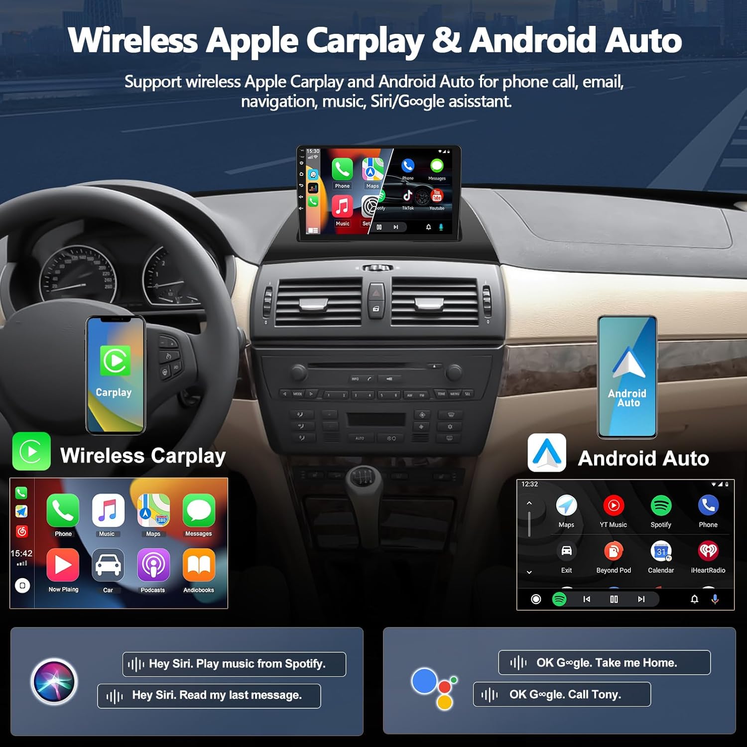Screenshots showing the user interface for Wireless Apple CarPlay and Android Auto on the car stereo, with corresponding phone screens. CarPlay displays apps like Phone, Music, Maps, Messages, while Android Auto shows Maps, YouTube Music, Spotify, and Phone.