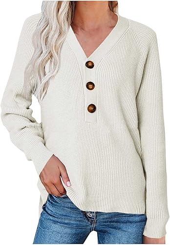 Miniatura 4 de Suéteres con botones y cuello en V para mujer, de moda, casual, de manga larga, de punto trenzado, color sólido, ajuste holgado