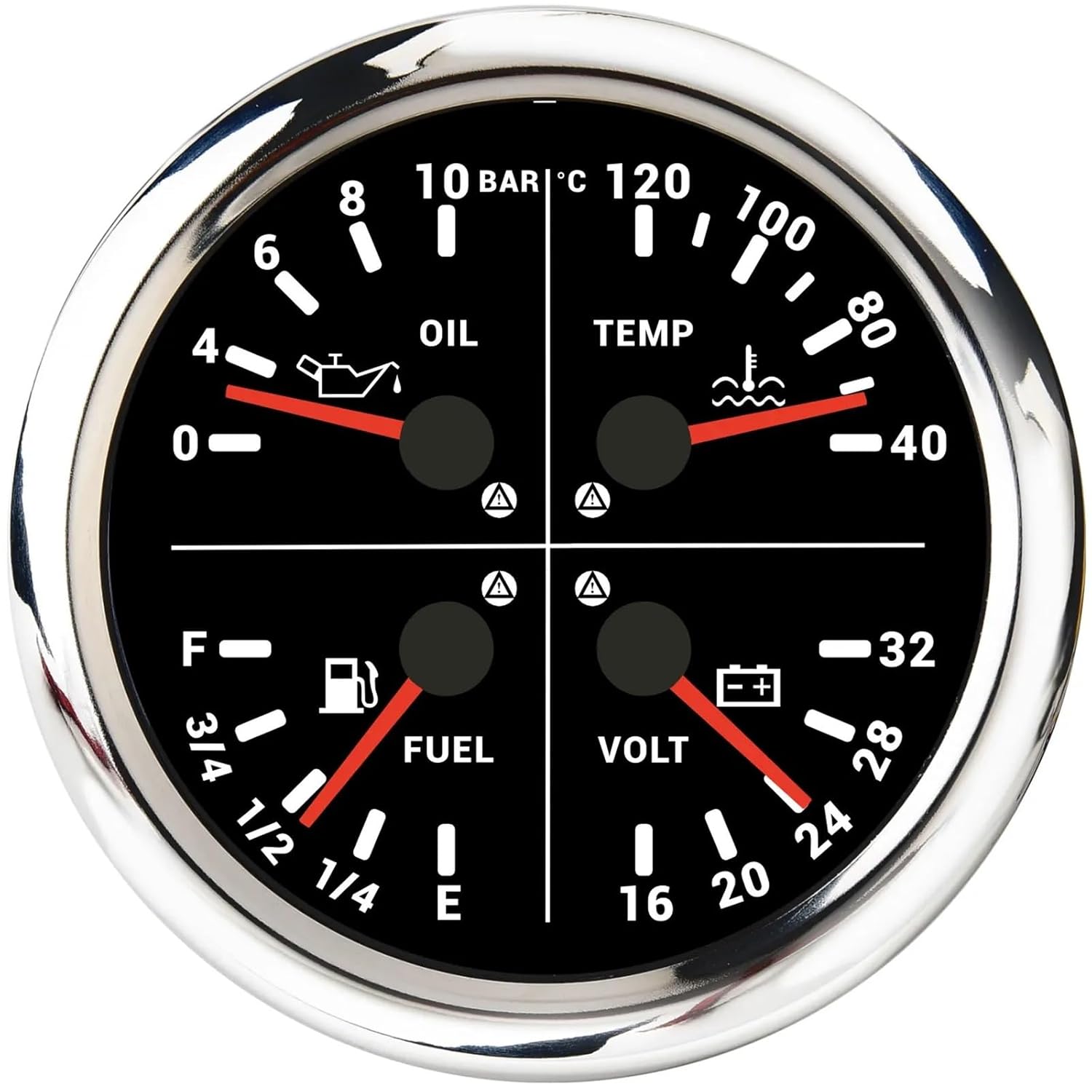 QJ 110mm Fuel Level Gauge 0-190ohm4 in 1 Gauge 0-10Bar Oil Pressure Water Temp Voltmeter with Light Alarm for Car Boat 12V 24V(Silver)