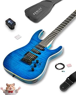 39" Solid Body Electric Guitar: Electric Guitar Kit with Bone Nut, Full Size 6 String Guitars with 24 Frets,Poplar Body AAA Flame Maple Top,Guitarra Electrica with HSS Ceramic Pickup,Blue