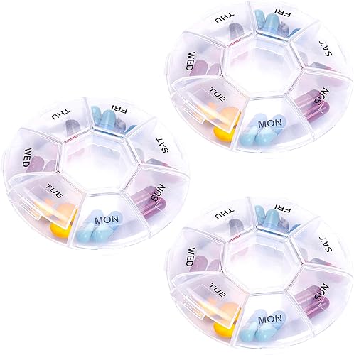 Pastillero organizador de píldoras INVODA transparente, pastillero semanal, observación, contenedor de píldoras redondo de 7 días con 7
