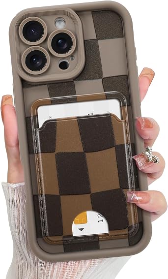 KANGHAR Compatible with iPhone 16 Pro Case, Wallet Silicone Checkered Cute Pattern, Card Holder Camera Protection Soft Slim Shockproof Edge Phone Cover for Girls Women -Brown