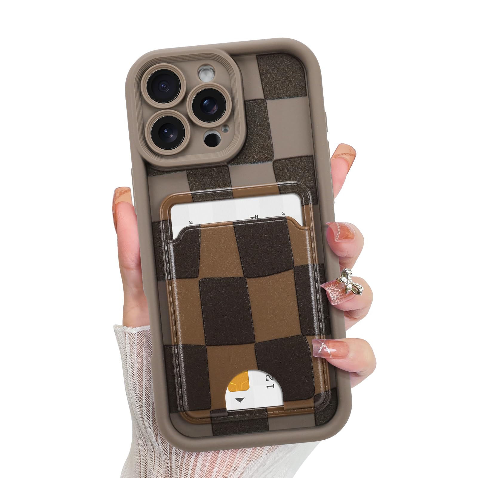 KANGHAR Compatible with iPhone 16 Pro Max Case, Wallet Silicone Checkered Cute Pattern, Card Holder Camera Protection Soft Slim Shockproof Edge Phone