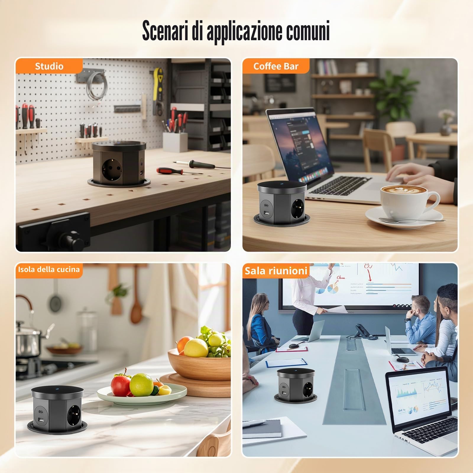 3 prese a scomparsa, con caricabatterie wireless da 15 W, 1 USB C, 1 USB-A, presa a scomparsa da cucina, cavo da 1,5 m, per ufficio, cucina, camera da letto, diametro 120 mm