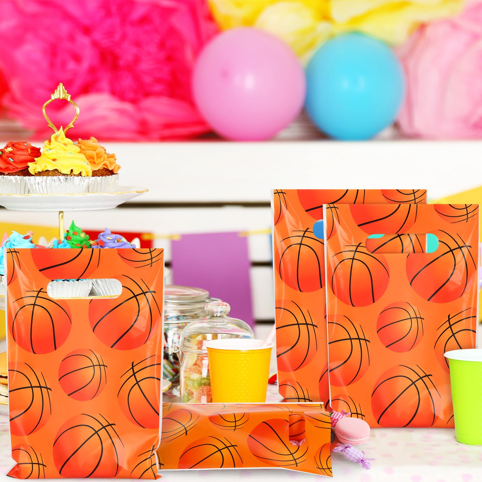 Hooqict 50PCS Basketball Gift Bags with Handle Basketball Party Favor Bags Snack Goodie Treat Candy Bag for Kids Boys Men Sport Themed Birthday Party Supplies (9.8 x 6.7 Inch)