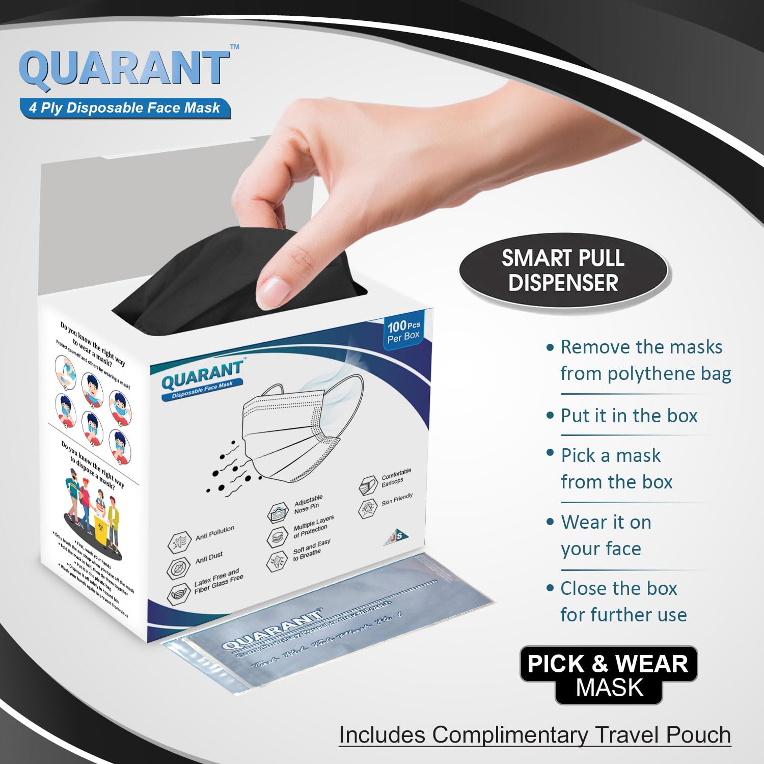 QUARANT Meltblown - Dual SMMS Fabric 4 Ply Anti Pollution Disposable Face Mask with Nose Clip and Reusable Travel Pouch (Black, Pack of 100) for Unisex - Image 5 thumbnail