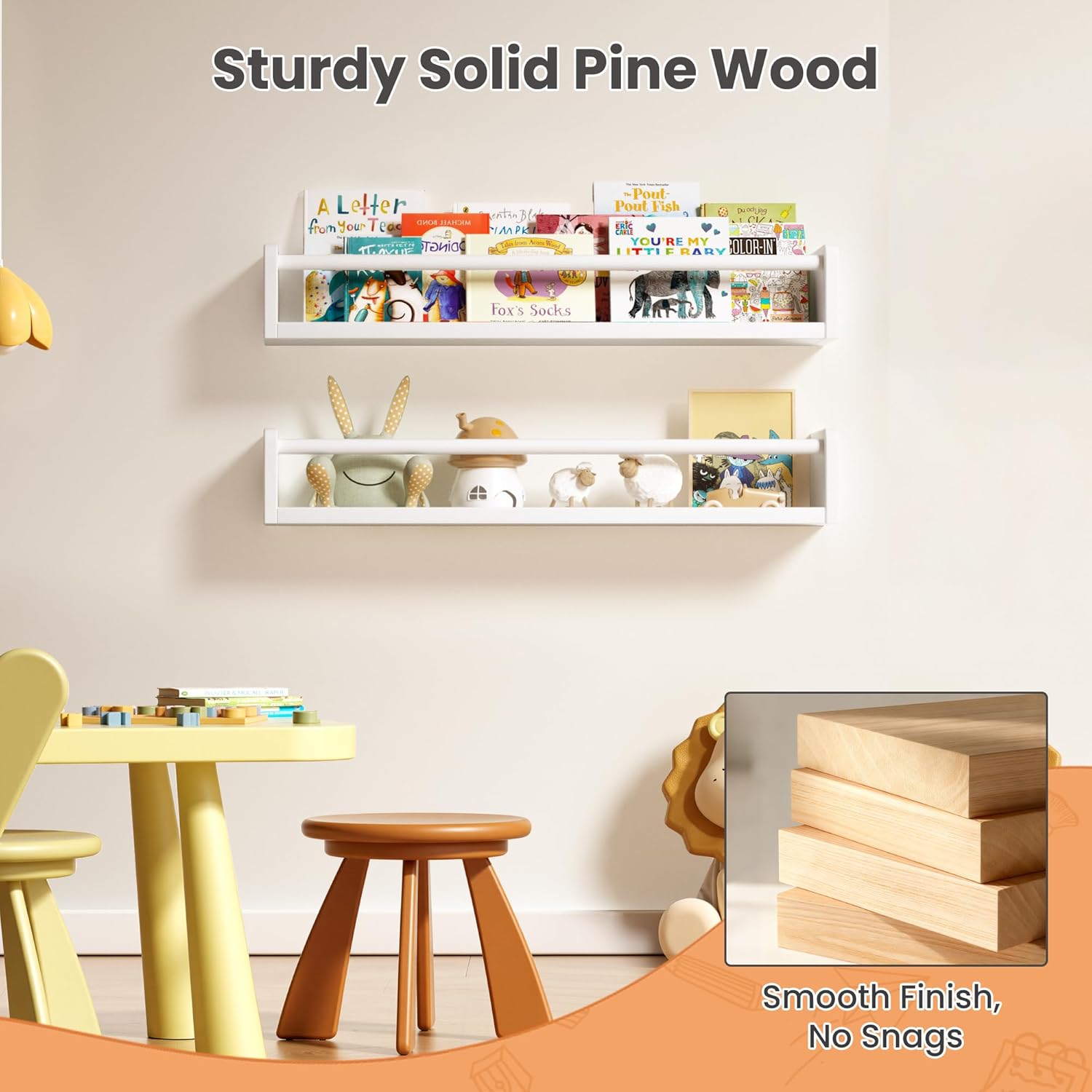 upsimples 2 Pack Nursery Book Shelves, 23.6 Inch Floating Bookshelves for Wall, Baby Nursery Decor, Small Solid Wood Wall Mounted Shelves for Baby Kids Boys Girls, White