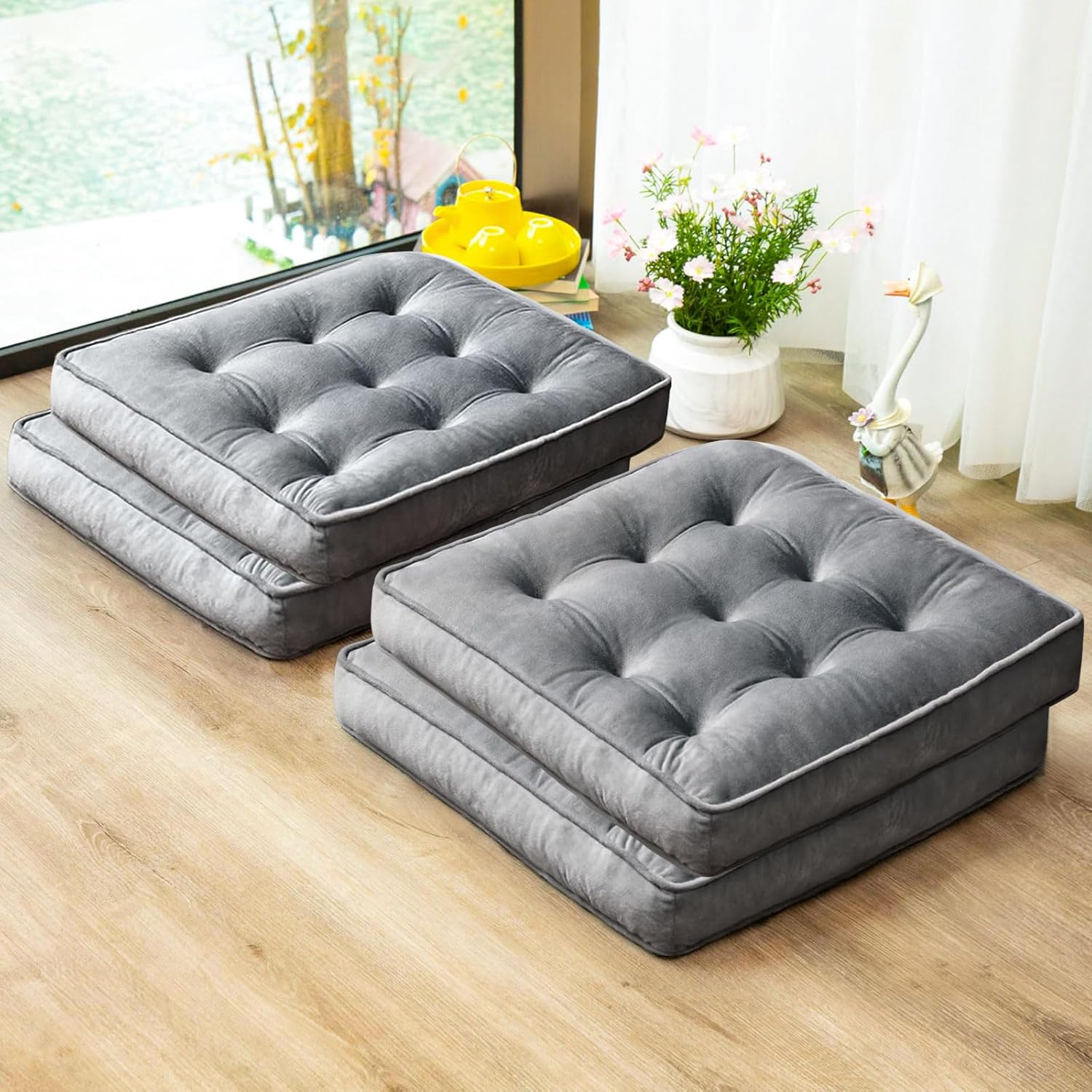 Floor Pillow Set of 4, Memory Foam Meditation Cushion, Floor Cushions for Adults Sitting, Large Square Seat Cushions for Yoga, Living Room, 20x20 Inch (Grey) Grey 20x20 Inch(Pack of 4)