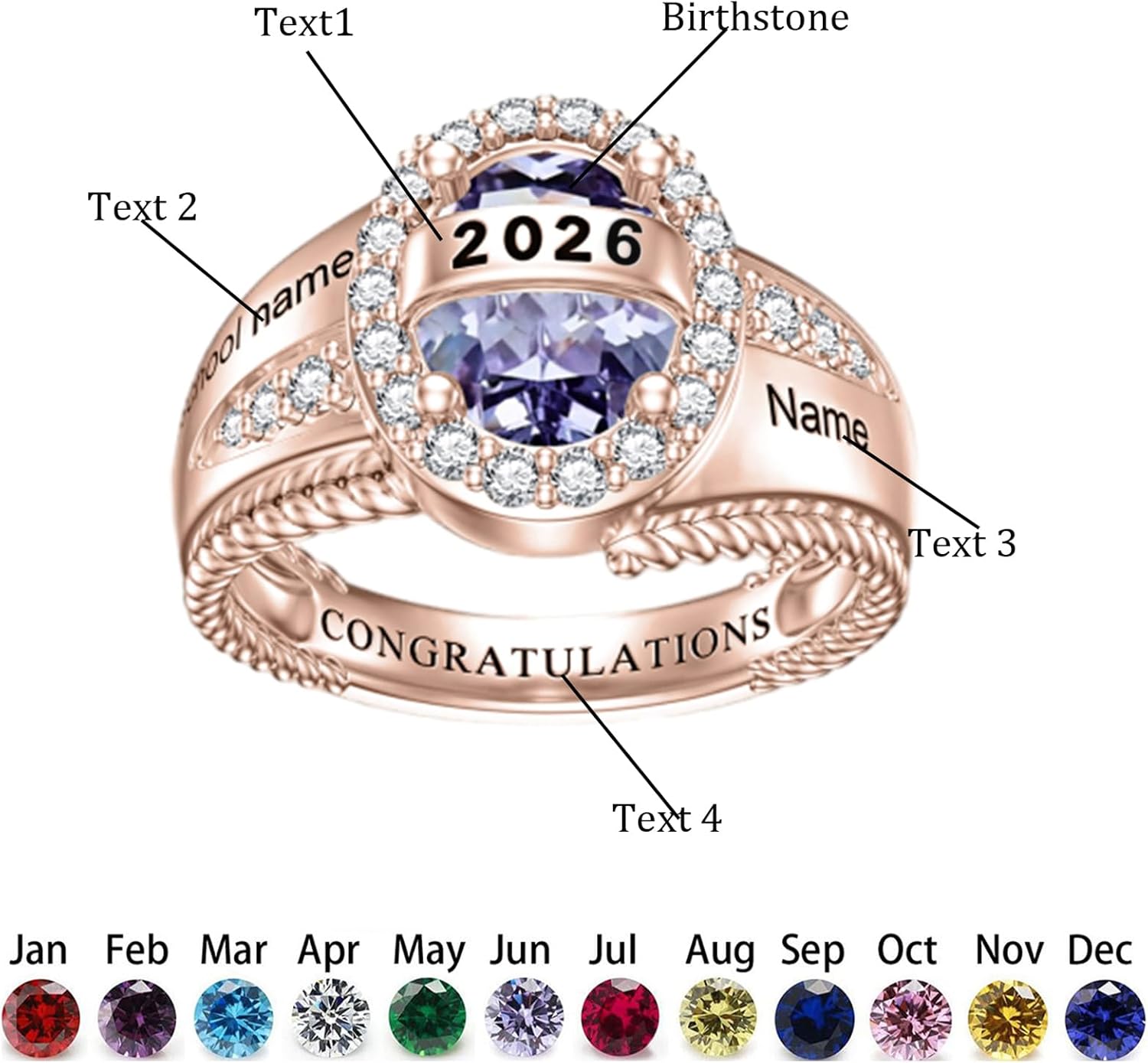 Midari Customizable Women's Class Ring for High School and University Grads, 925 Sterling Silver/10k/14k/18K, Birthstone Personalized Class Ring Graduation Gift for Women Girl Her