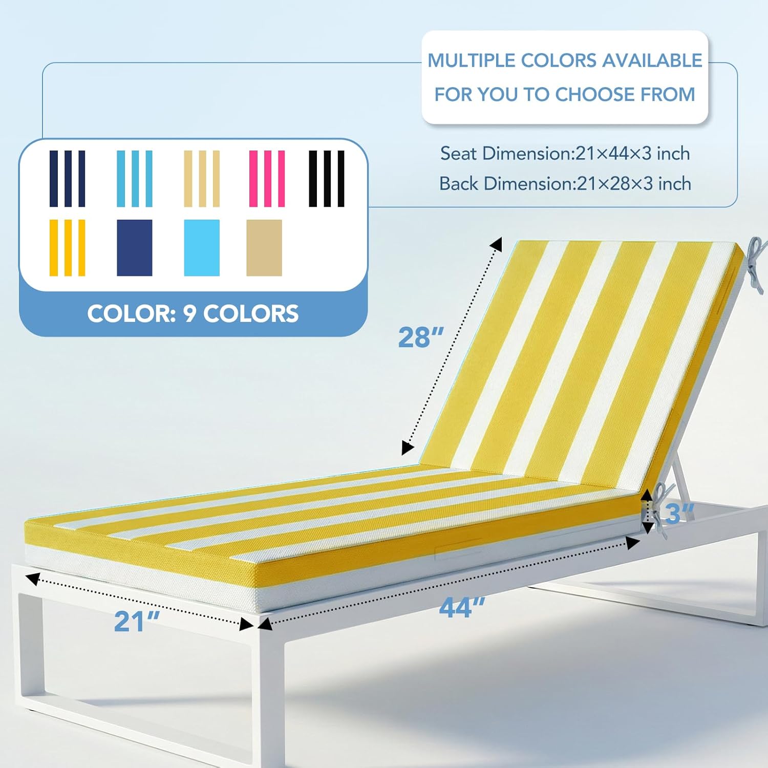 L'AGRATY Outdoor Lounge Chaise Cushion: 72x21x3 Inch Waterproof Lounge Chair Cushion for Outdoor Furniture with Fade Resistant Removable Cover - Patio Cushions for Pool Lawn Deck(Yellow White 2Pcs)