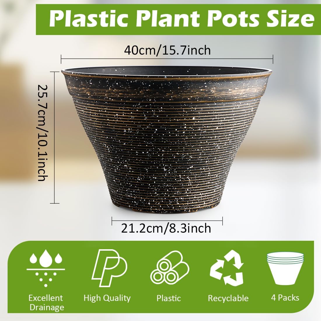 RooTrimmer 15.7 Inch Plant Pots 4 Pack, Large Planter Pots for Plants Indoor Outdoor, Sturdy Plastic Flower Pots with Drainage Hole, Retro Decorative Garden Pots, Plant Containers for House, Black