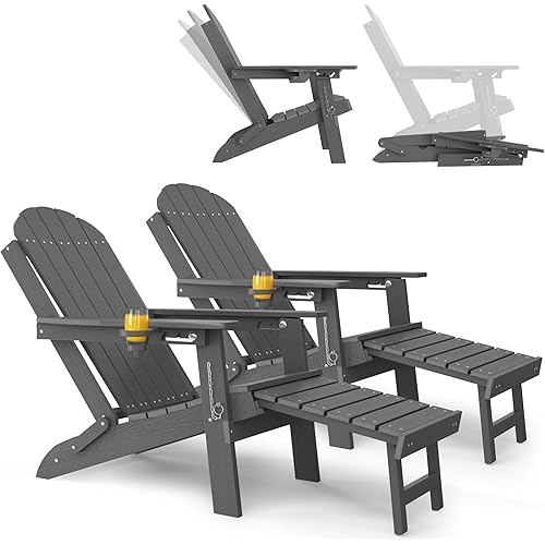 YEFU Adirondack Chairs Set of 2 for Outdoor: Folding Adirondack Chairs with Retractable Ottoman & Cup Holder - HDPE Plastic Adjustable All-Weather Chair for Patio/Pool/FirePit- Easy Assembly(Grey)