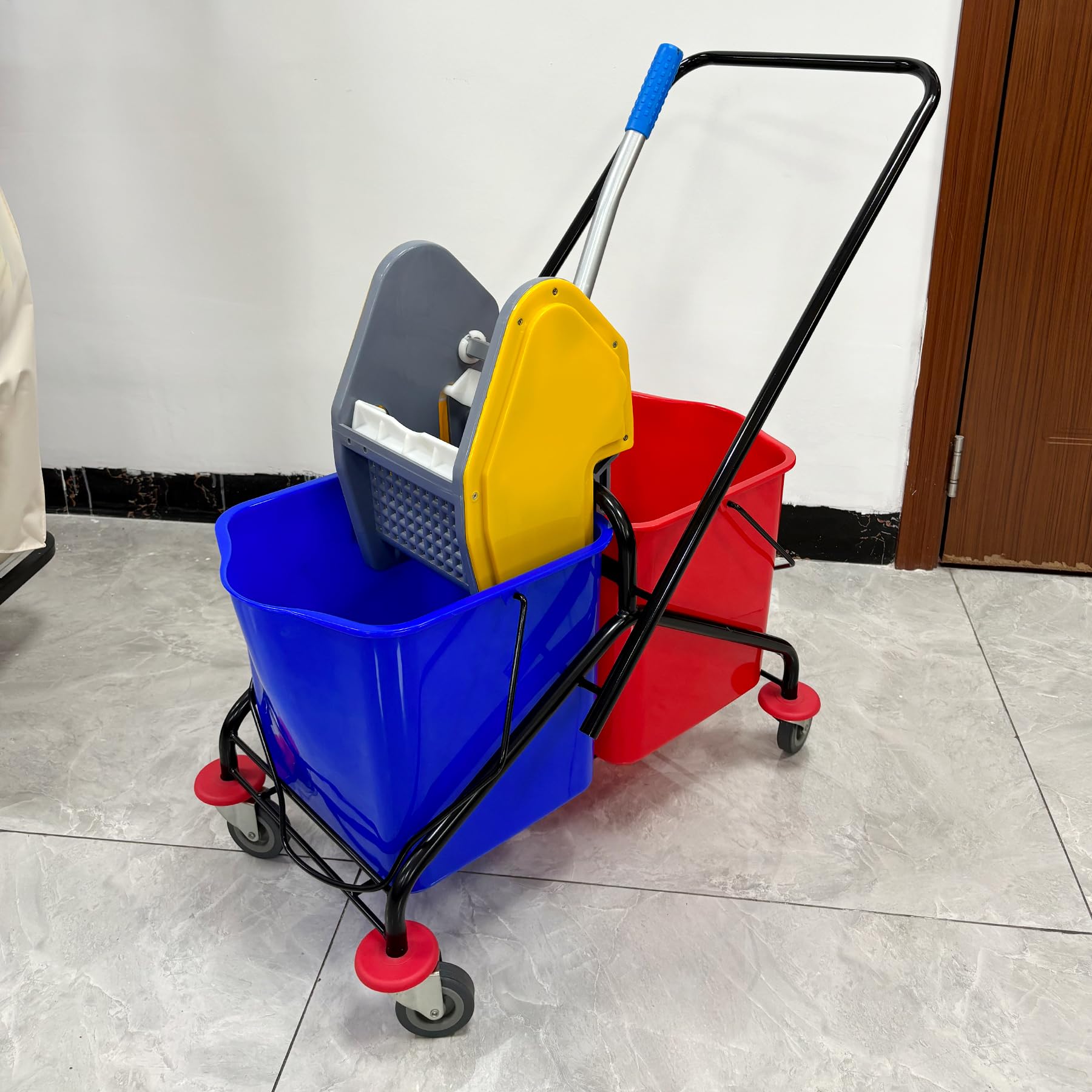 SHUNYILONG 6.6 Gallons x 2 Commercial Mop Bucket with Wringer & Steel Frame | Heavy Duty Dual Bucket System | Separate Dirty Water On Wheels for Janitorial