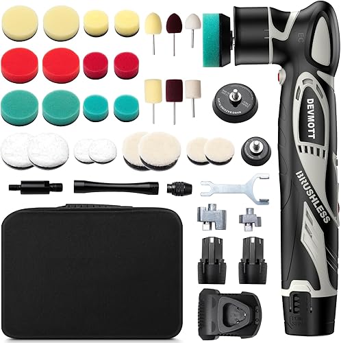 Mini pulidora inalámbrica, motor sin escobillas de 12 V, mini pulidora de 12 pulgada con 2 baterías de 2.5 Ah, 2000-5500 RPM, kits de pulido RODA