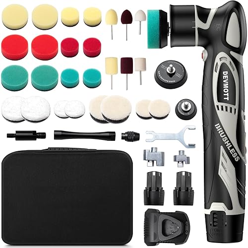 Cordless Mini Polisher, 12V Brushless Motor, 1/2Inch Mini Buffer Polisher with 2 x 2.5Ah Batteries, 2000-5500 RPM, RO/DA Polishing Kits for Car Waxing, Polishing & Scratch Removal