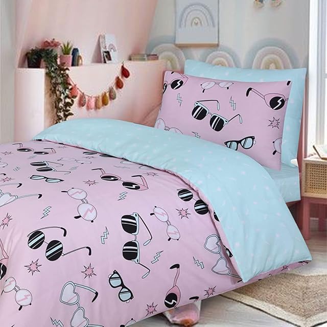 Indus Textiles Kids Duvet Cover Sets 100% Cotton Reversible Toddler Duvet Cover Fitted Sheet Pillowcase - Funky Pink