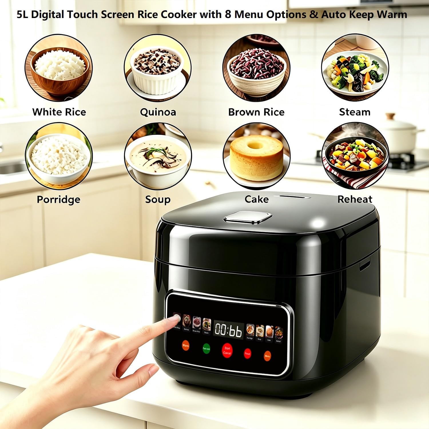 5L Rice Cooker with 8 Functions & Auto Keep Warm, 8-Cup Uncooked / 16-Cup Cooked,Non-Stick Inner Pot and Steamer Basket, 24 Hour Delay Timer