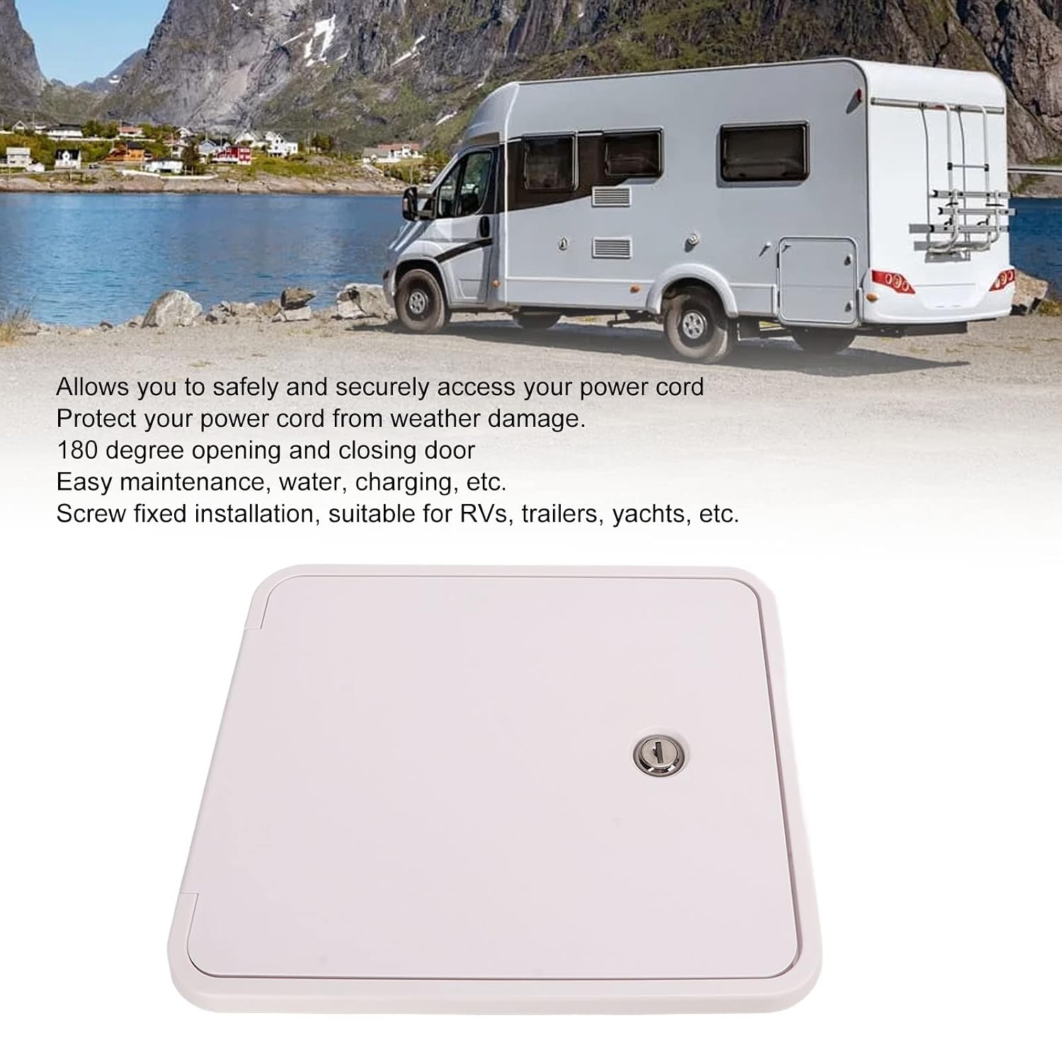 RV Access Door, Square RV Power Cord Storage Hatch with Keys and Screws, Electrical Cord RV Camper Trailer Motorhome Power Cord Cable Hatch for Boat Trailer Motorhome