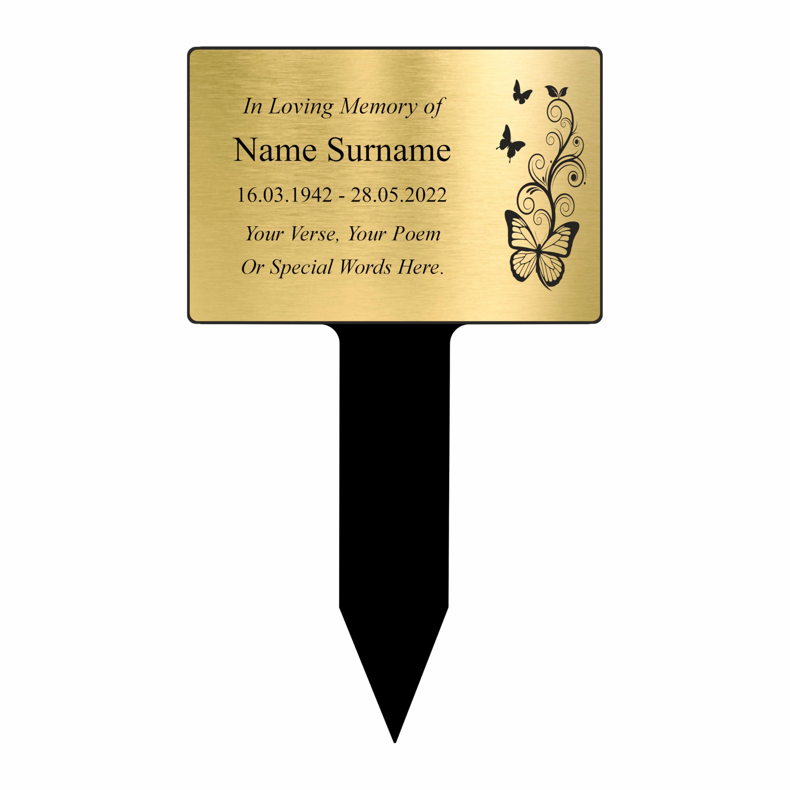 Personalised Memorial Plaque Stake | Engraved Grave Marker | Garden Tribute | Gold-Silver-Copper | Custom Remembrance Sign Butterfly 03