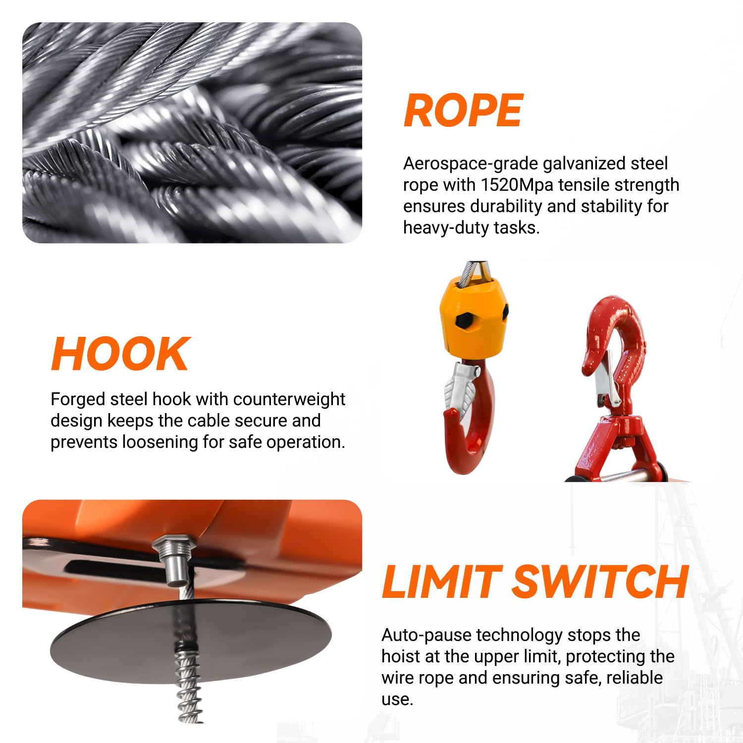 3-in-1 Electric Hoist Winch 1500W Powerful Portable 120V Winch with 1100Lbs Loading Capacity, 16 ft/min Lift Speed, 25ft Lifting Height – Perfect for Garages, Warehouses, and Factories