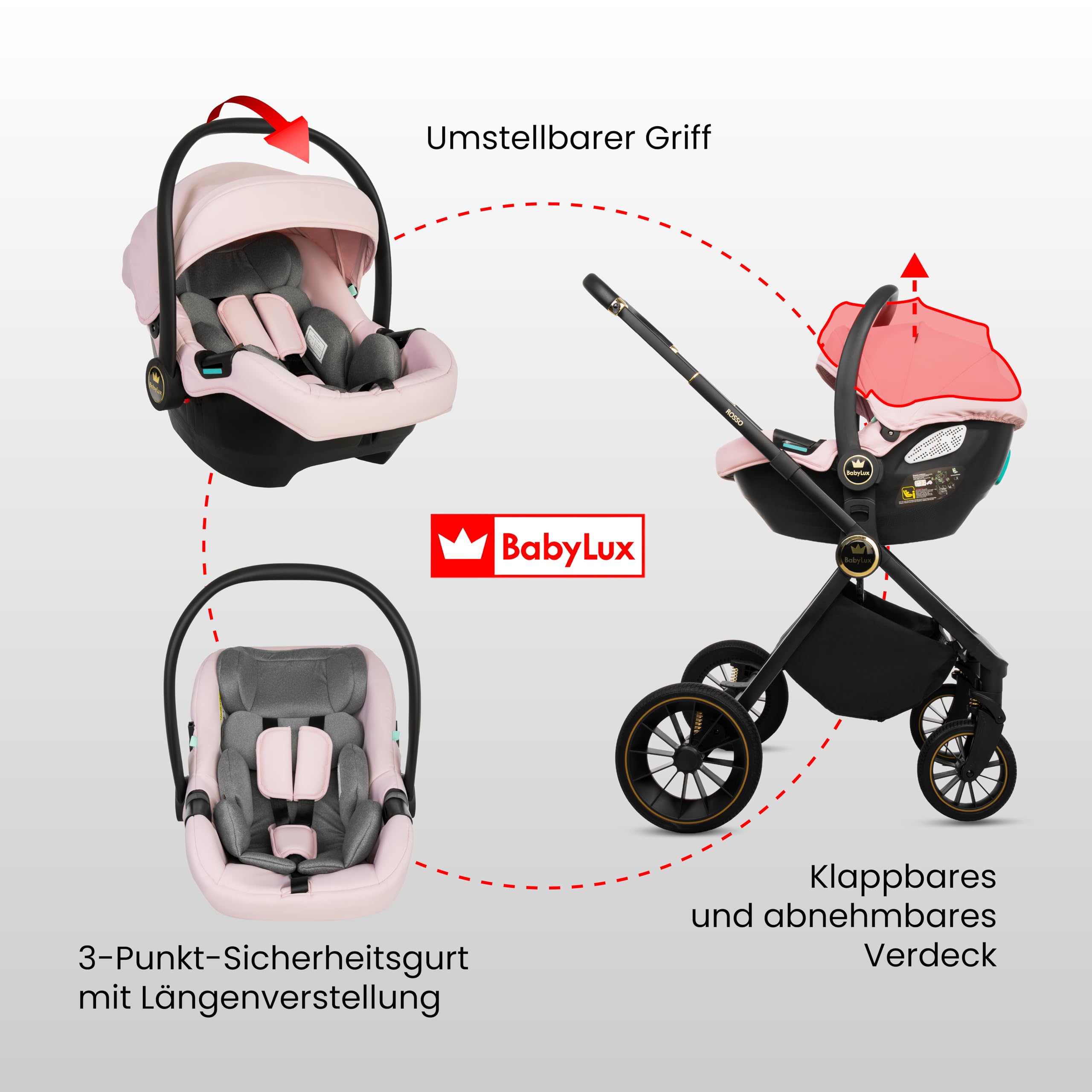BabyLux® Kinderwagen 3in1 Set ROSSO, Faltbar Leicht Kombikinderwagen Set incl. Babywanne, Buggy Sportsitz, Babyschale i-Size, Wickeltasche und mehr Zubehör, 4 Liegepositionen, 0-22kg, UV Schutz 50+