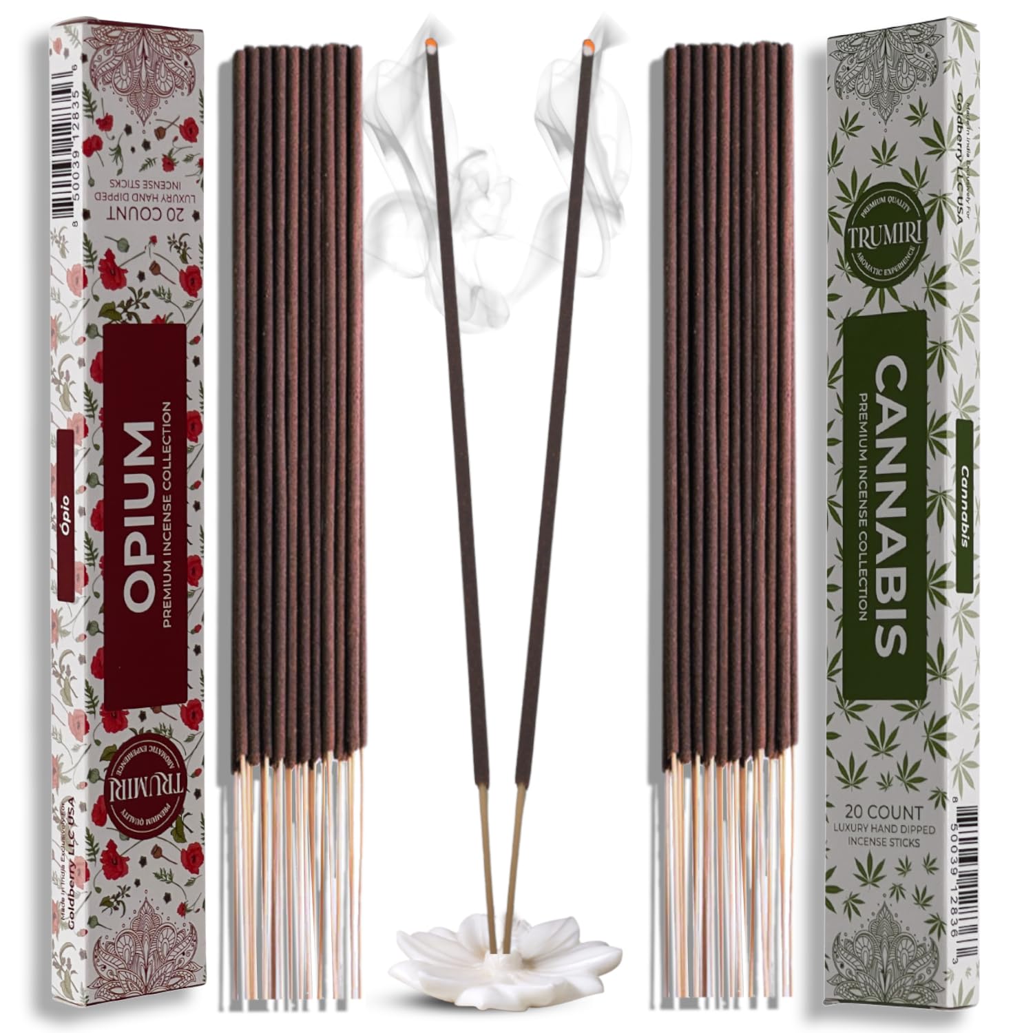 Trumiri Incense Sticks - Combo Pack of 40 Insence-Sticks - 20 Opium + 20 Cannabis - Insenses - Insents - Incents - Inscense - Incence - Incienso - All Natural Incense Sticks