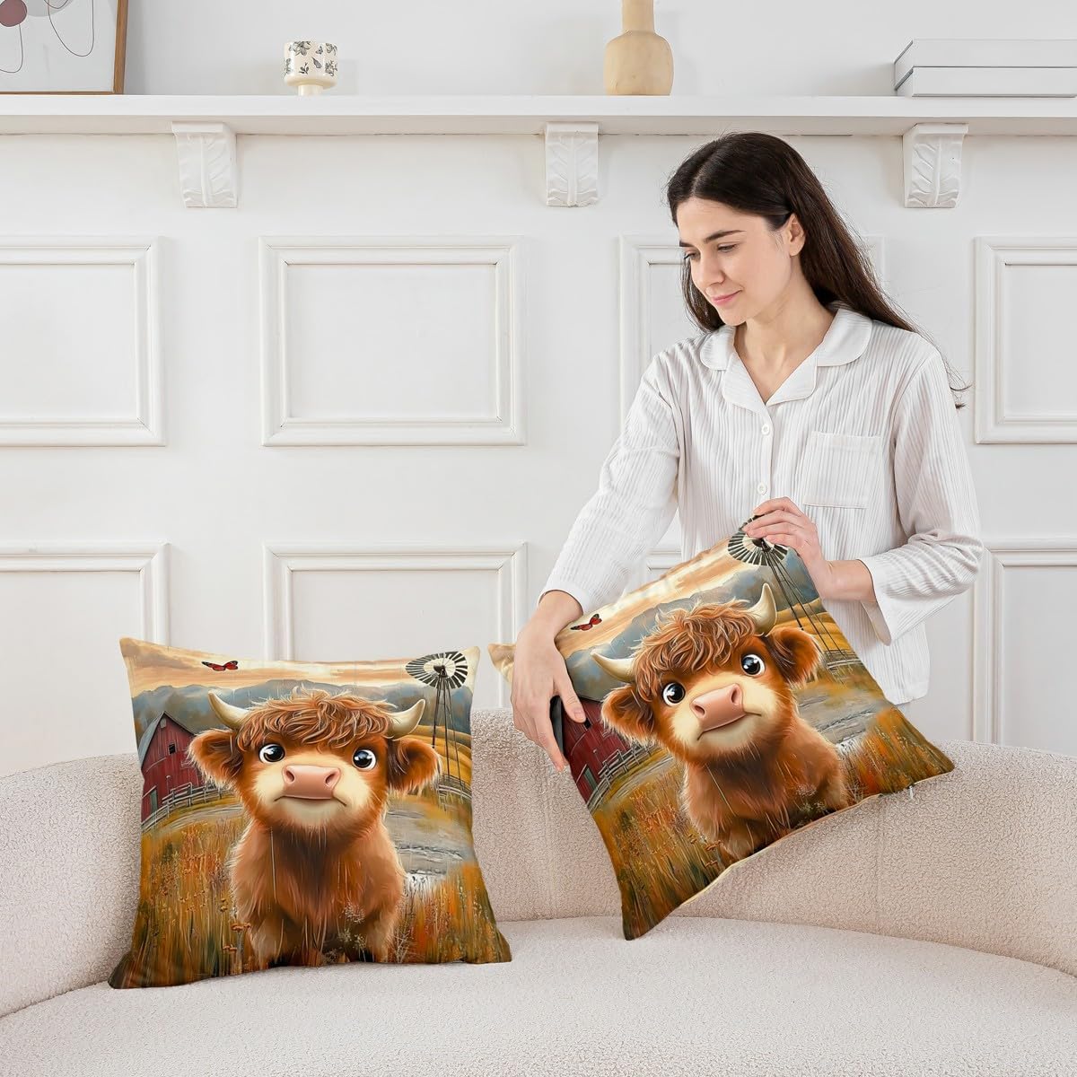 Erosebridal Pack of 2 Farmhouse Cow Pillow Covers for Sofa Couch Bed Barn & Windmill Throw Pillow Covers Cartoon Farm Animal Cushion Cases,24x24 Inch