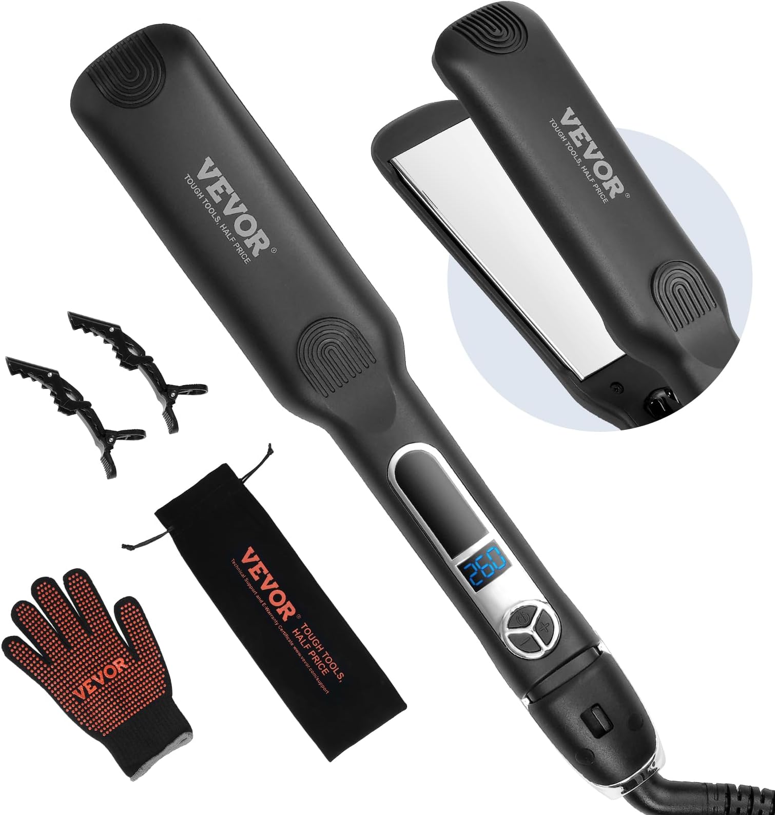 VEVOR Hair Straightener, 1.5-inch Titanium Flat Iron, Negative Ions Hair Straightener Flat Iron with LCD Display and 25 Temp Levels - 210°F to 450°F, Dual Voltage 110V/240V for Salon Home Travel Use