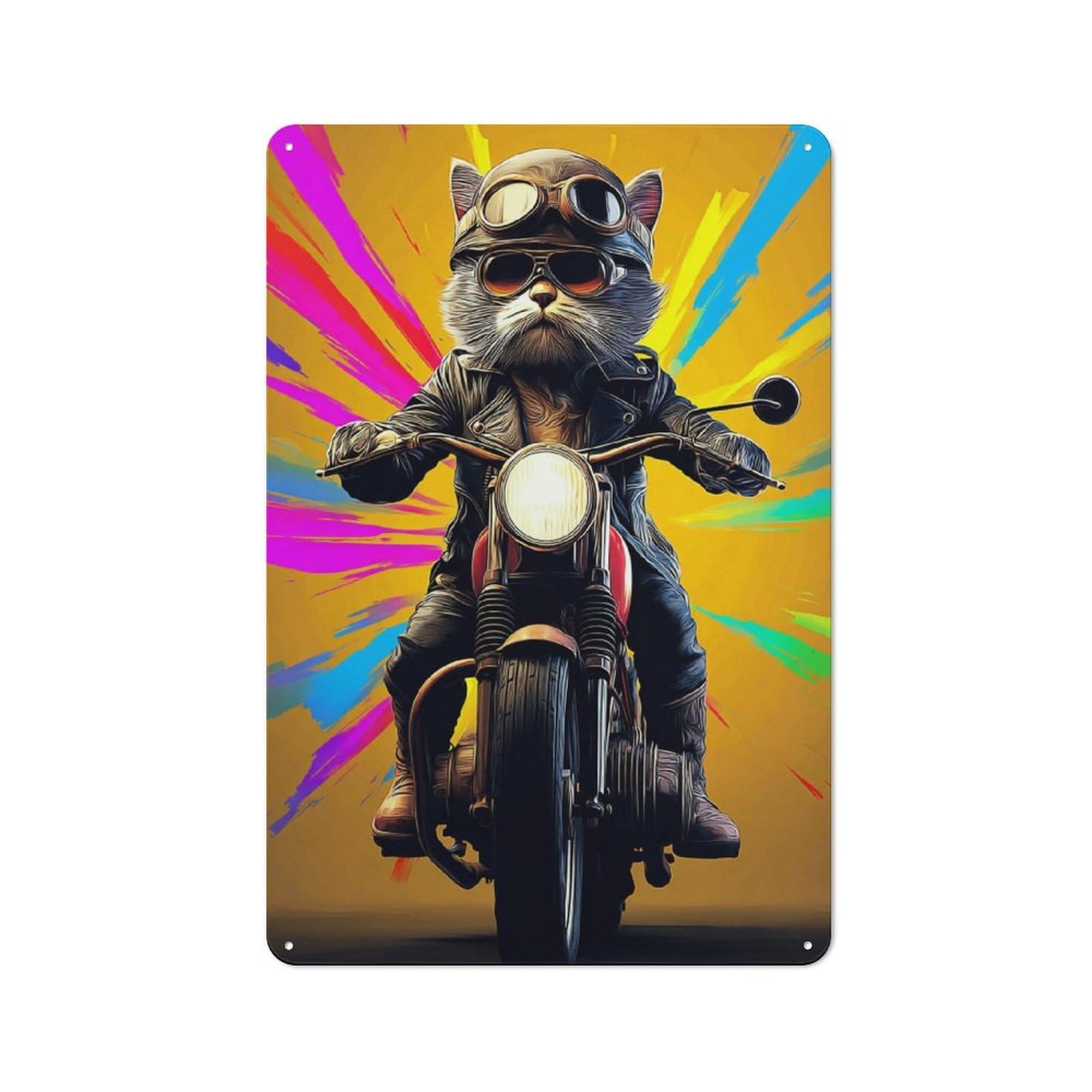 Junmoney Rider Cat On Motorcycle Vintage Metal Wall Art Sign 30X20cm Featuring Old Style Wall Plaque For Kitchen, Hallway, Bar Or Small Cafe
