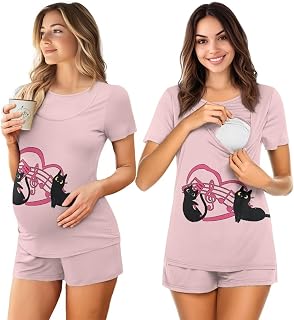 Women Maternity Nursing Pajama Set, Soft Double Layer Pregnancy PJS for Summer S-2XL