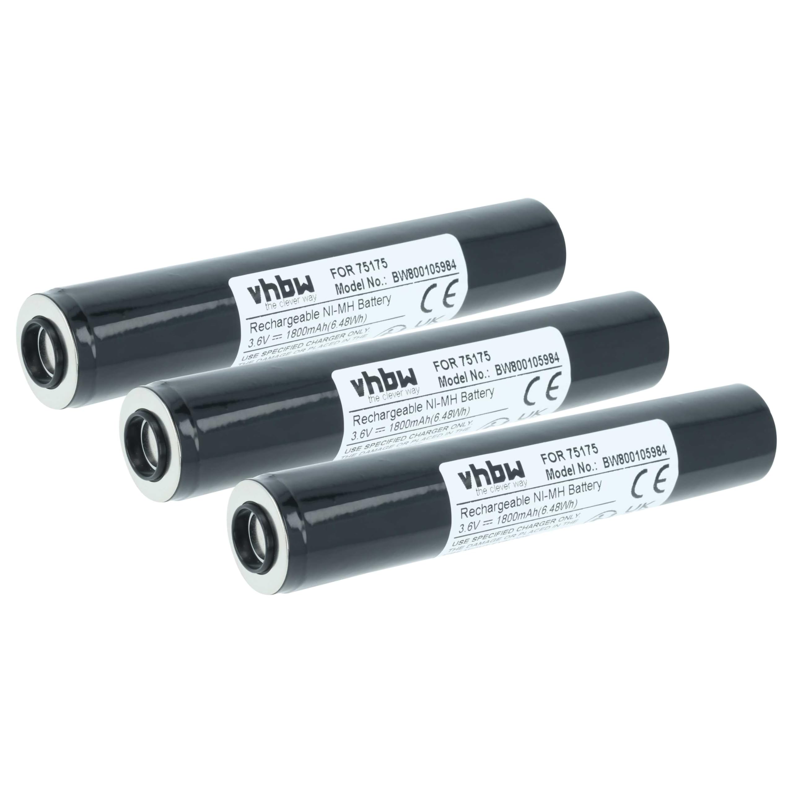 vhbw 3 x akumulator kompatybilny z Pelican Streamlight 76024, 76001, 76002, 76014, 76021, 76022 latarka czołowa (1800 mAh, 3,6 V, NiMH)
