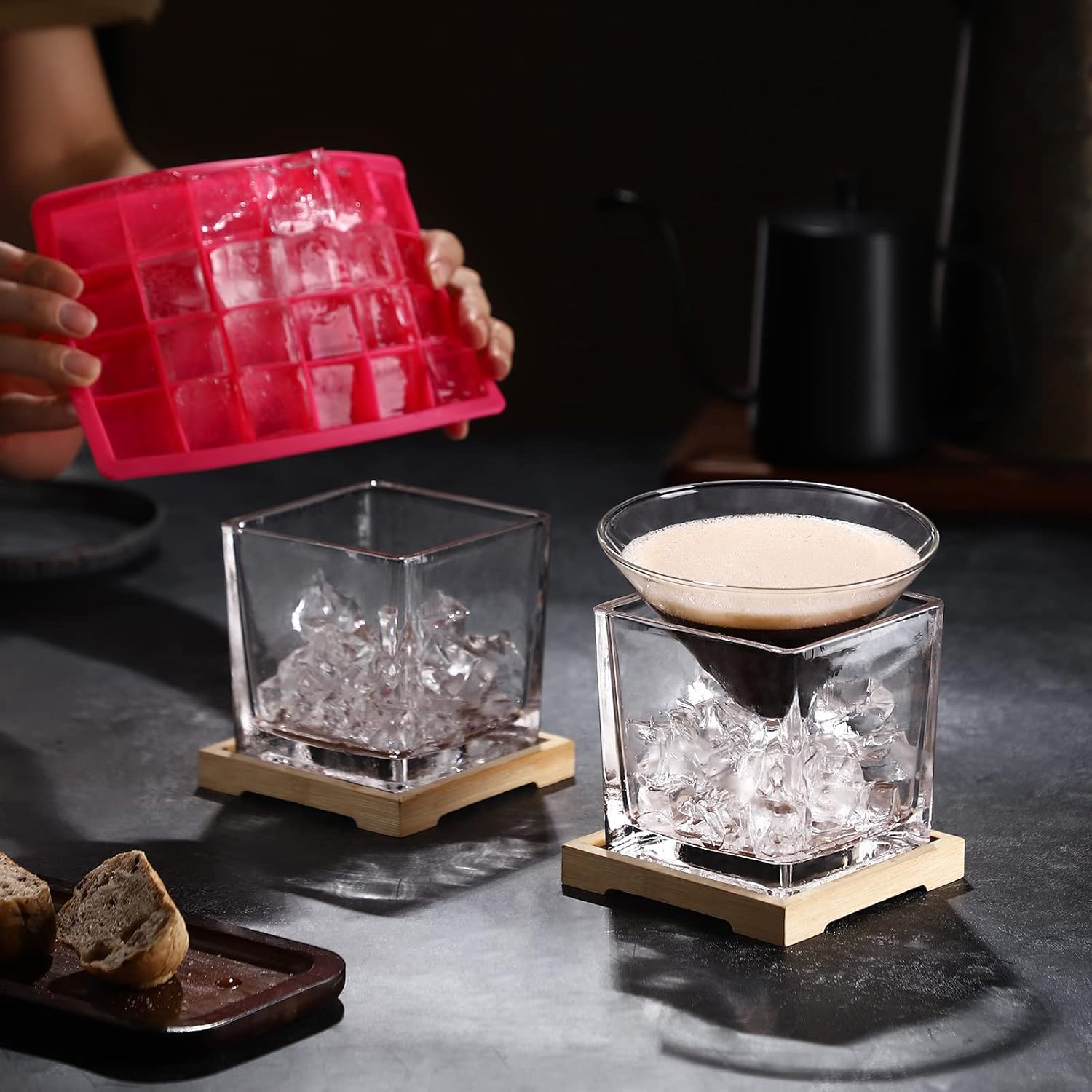 Caviar Serving Set,Stemless Martini Glasses Set of 2 with Caviar Chiller - Martini Glass with Dip Chiller Caviar Bowl - Elegant Bar Cocktail Glasses Gift Set for Manhattan,Margarita,Martini