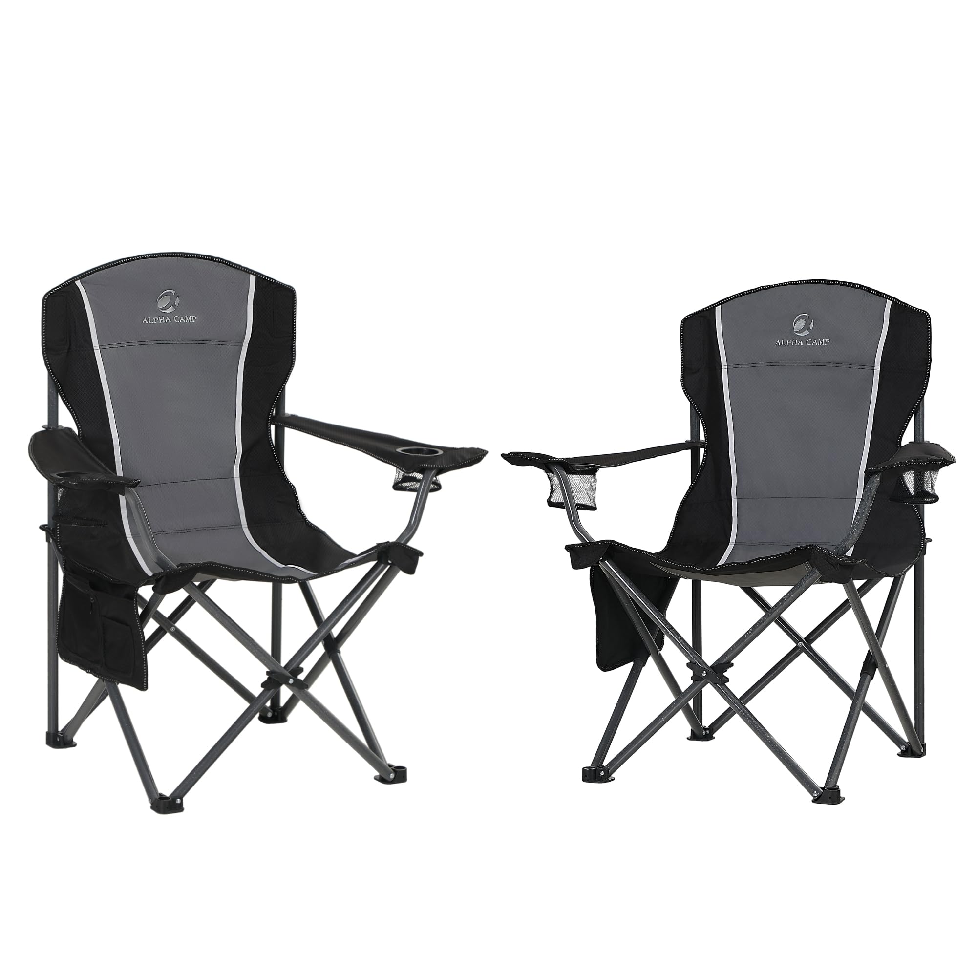 HIGH POINT SPORTS Silla de camping plegable, 160 kg, plegable, con reposabrazos, soporte para bebidas, marco de acero, portátil, color negro y gris, 2 unidades