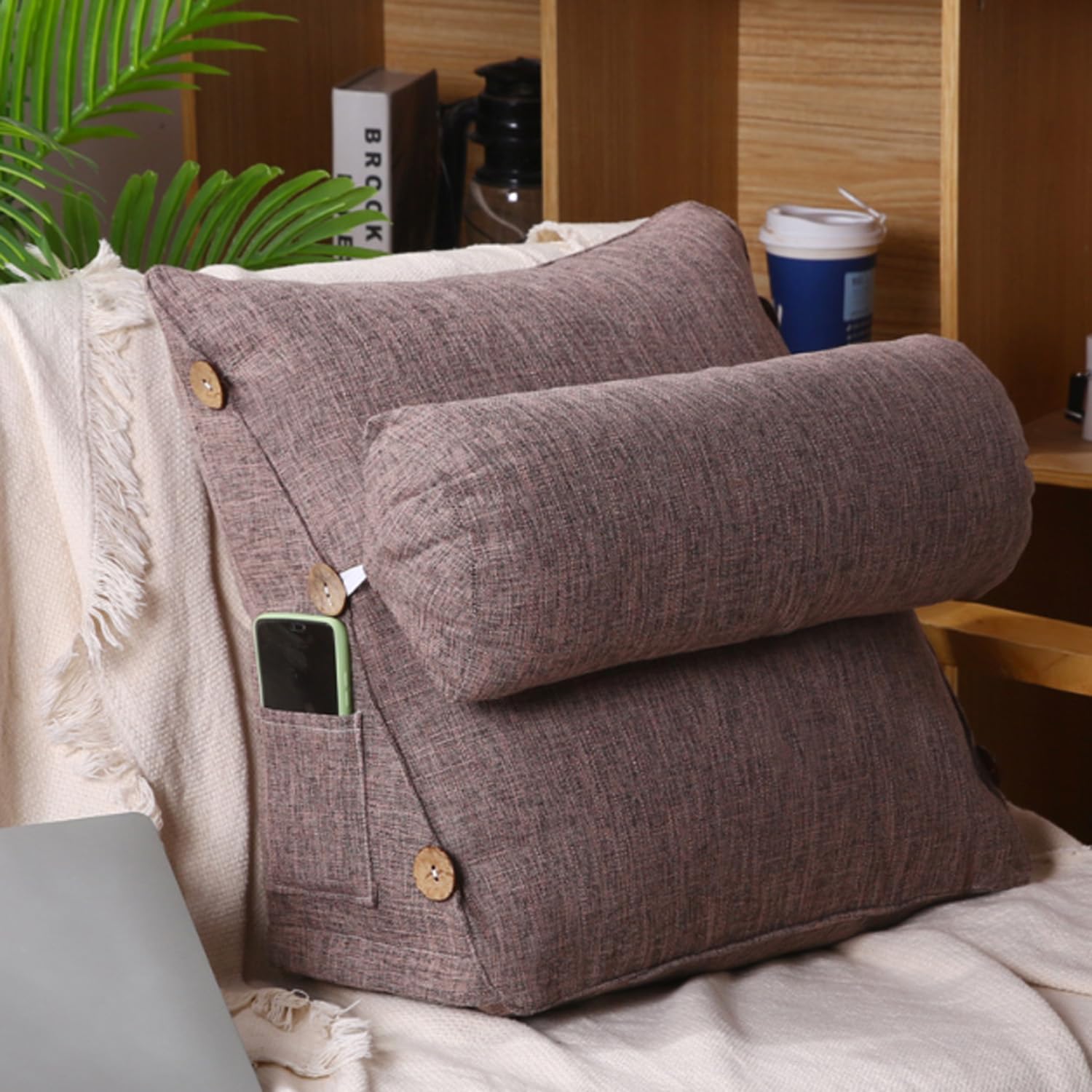 GOFOHIMI Bed Wedge Pillow for Reading Watching TV, Backrest Cushion Reducing Back Acid Pain, Head/Neck/Lumbar Support Pillows, Rest Cotton Bolster Pillow with Pockets