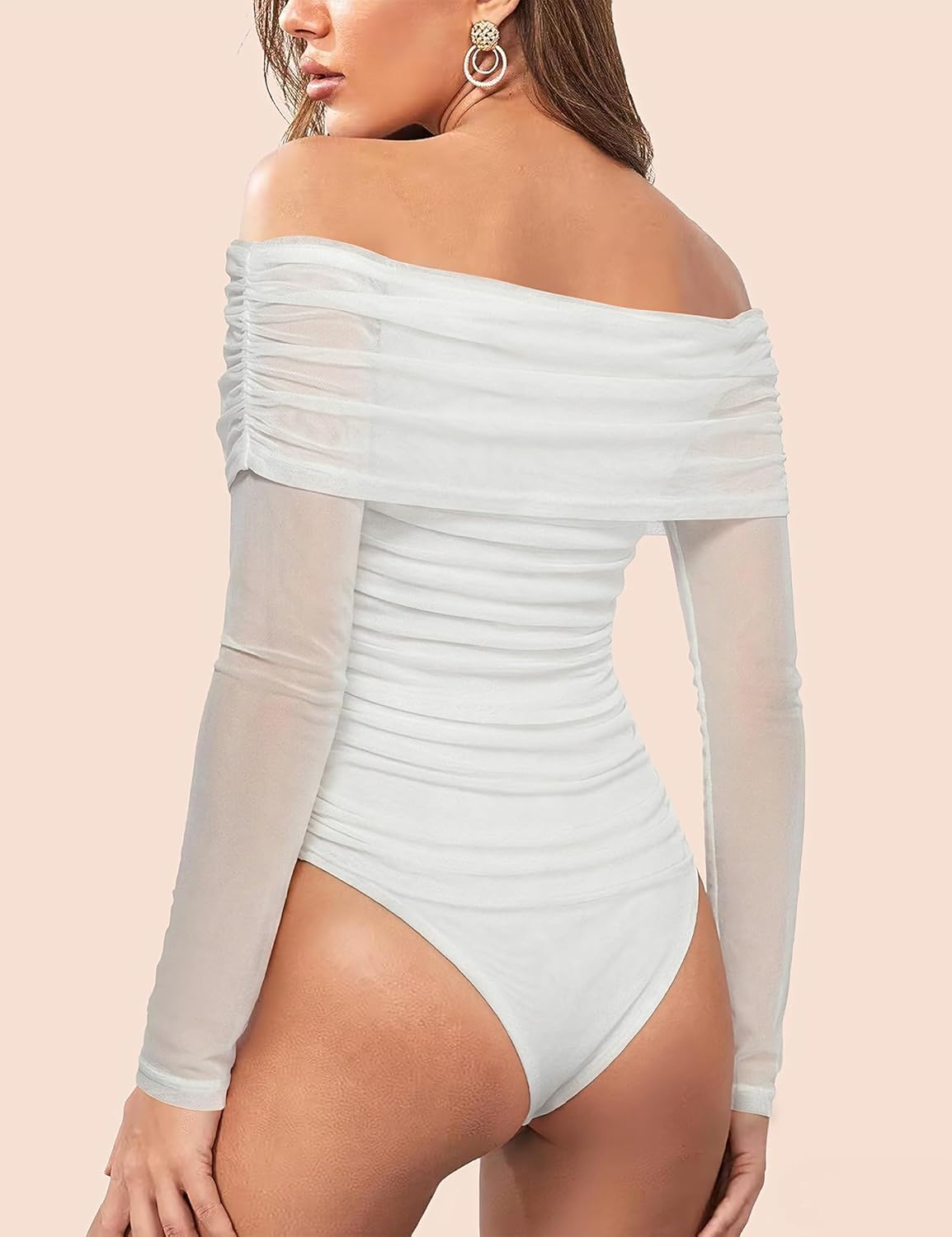 SAUNGKUAI Women's Off The Shoulder Long Sleeve Bodysuit Sexy Slimming Body Suit Tops Sheer Mesh Ruched Fall Outfits 2026 - Image 3
