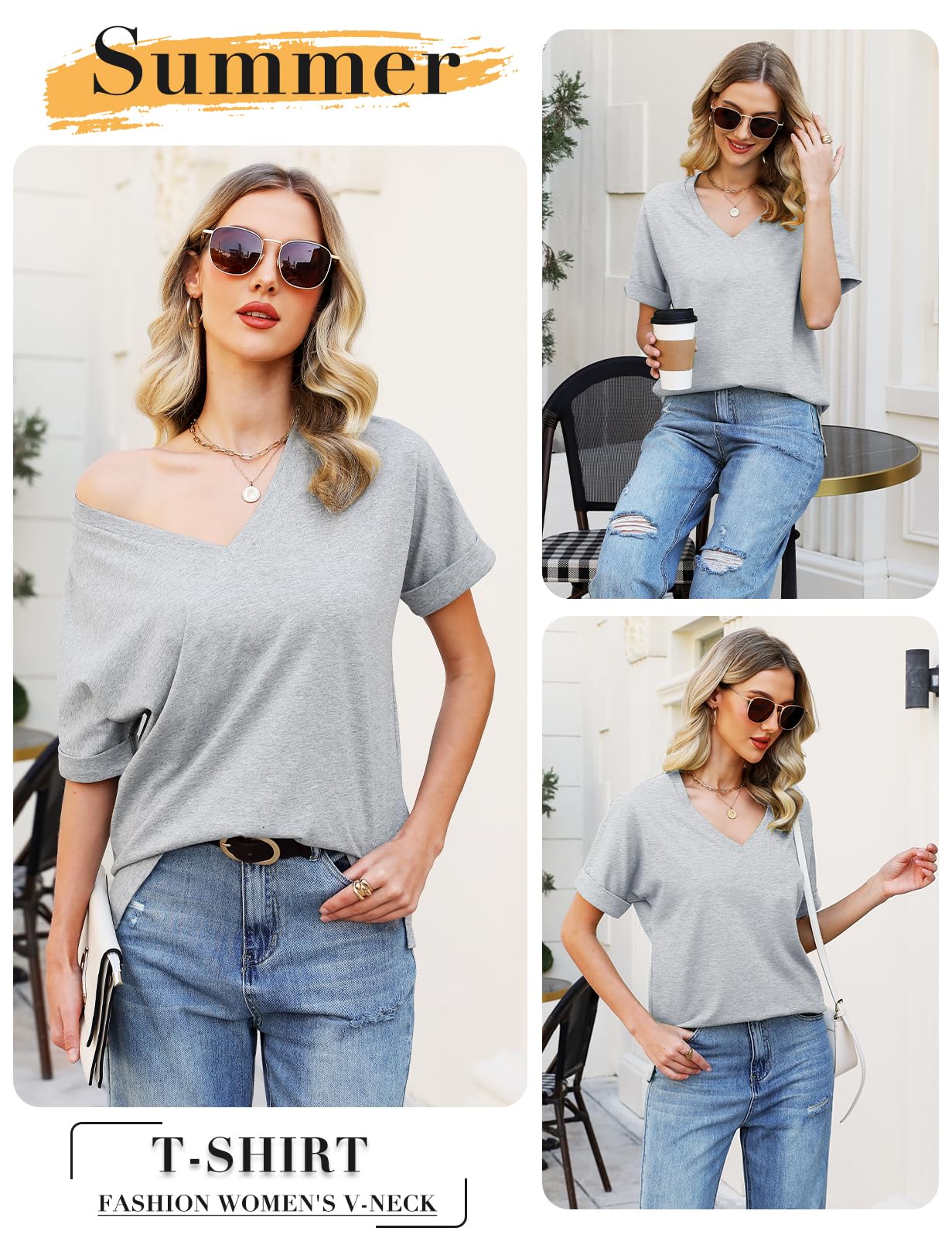 CMTOP T-Shirt Donna Estiva Cotone V Scollo Tinta Unita Maglietta Manica Corta Top Casual Case Camicie Orlo Arrotondato Lungo per Feste Casual Maglietta da Donna Allentate