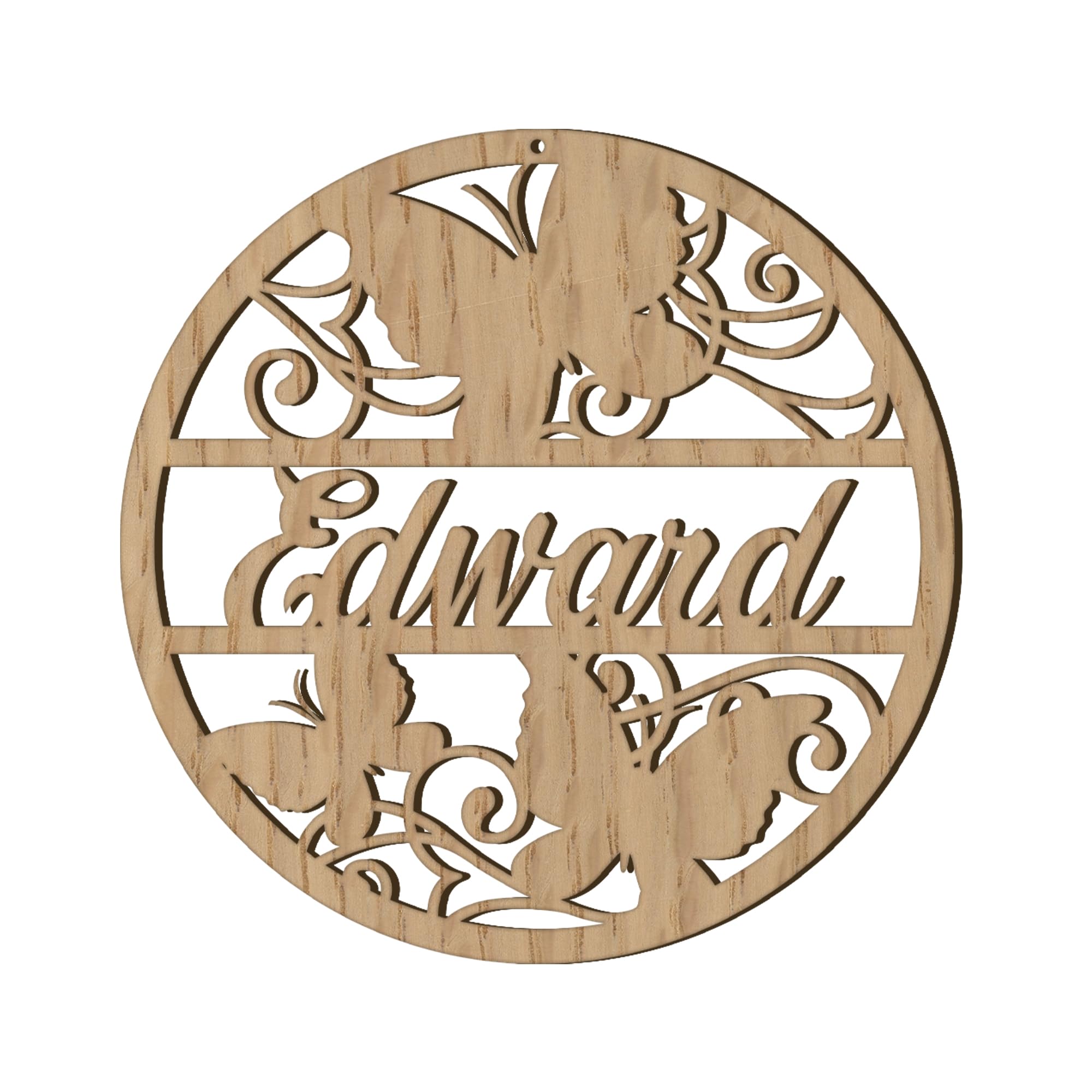 Print Maniacs Personalised Any name Custom Wood Colour Hoop Acrylic Wreath Circle Loop Baby Room Nursery Birthday Christmas Wedding Party Wall Decor Plaque Butterfly (20cm, Oak Veneer) โ image 1