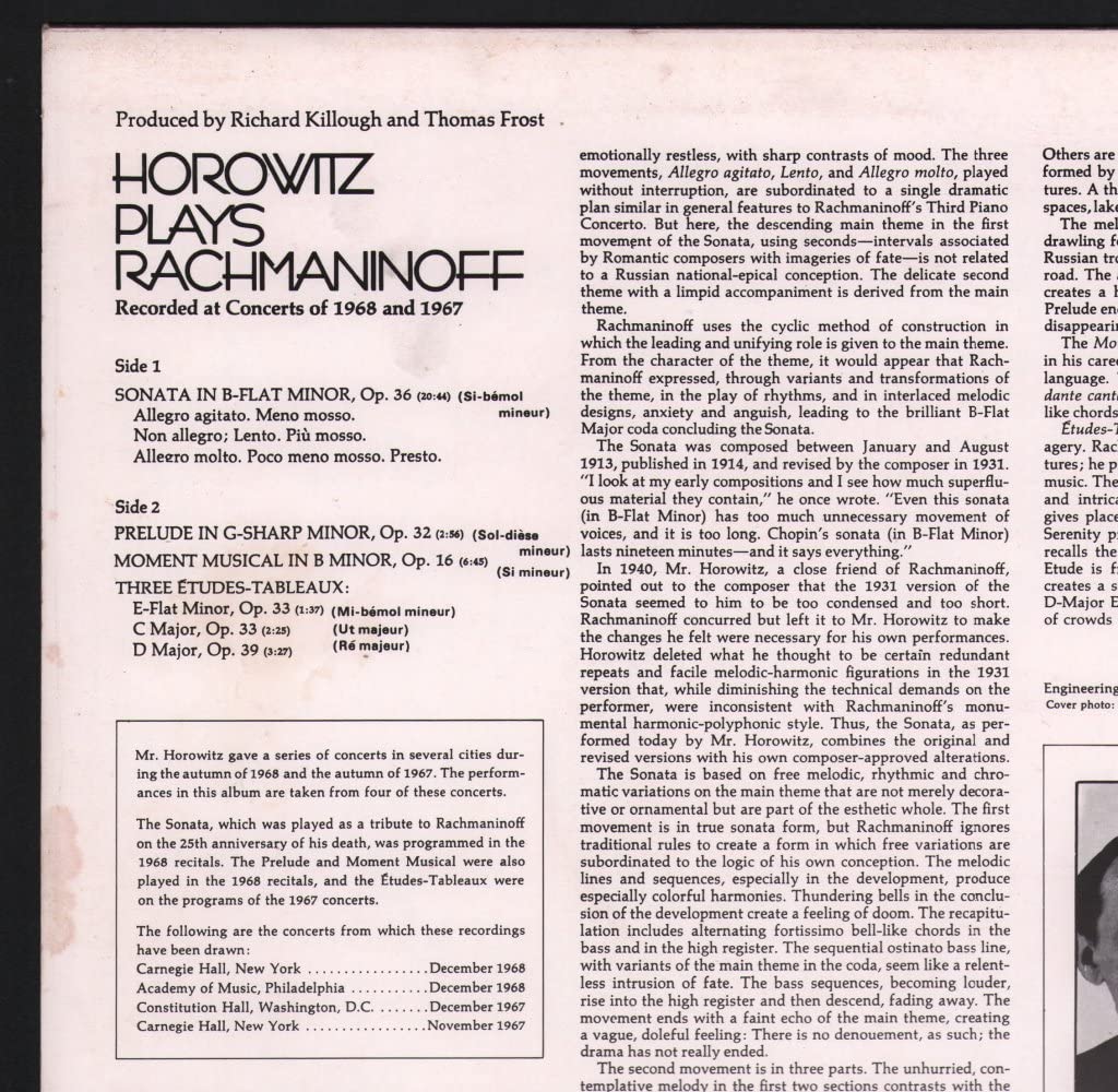 Amazon.com: Horowitz Plays Rachmaninoff (UK 1971) : Vladimir