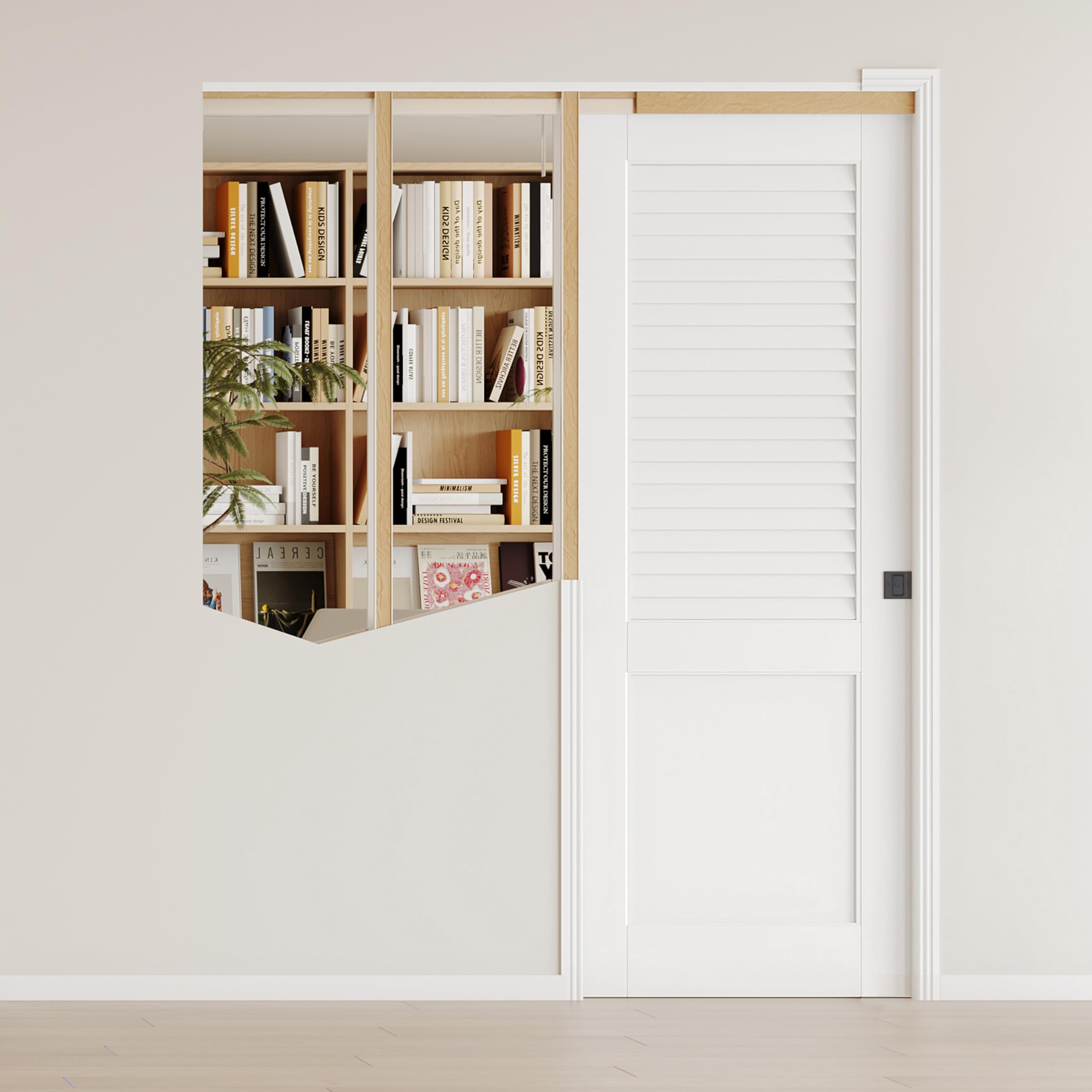Sliding Pocket Door, 32" x 80", Half-Panel Louvered Pantry Doors with Frame and Hardware Kit, Interior Door, White Primer Closet Doors - No Panel Assembly Required