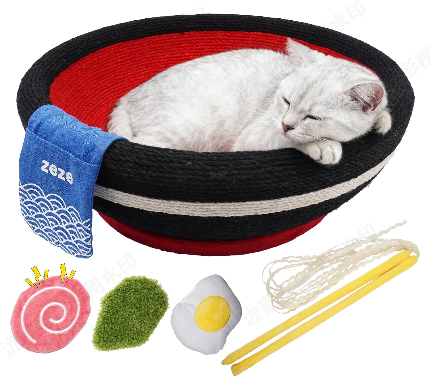 Large Ramen Cat Scratcher Bed, Natural Hemp Rope Cat Lounge Bowl with Interactive Toys, Japanese Style Cat Scratching Bed for Indoor Cats and Kittens
