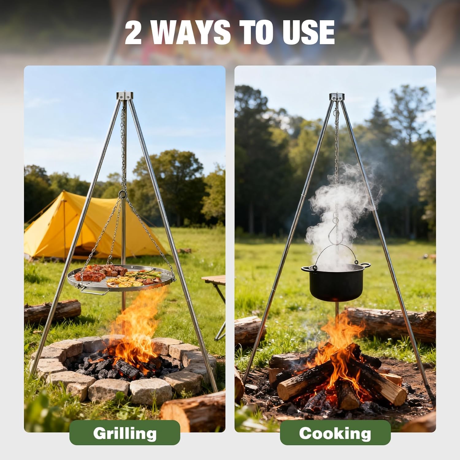 REDCAMP Barbecue pivotant avec grille de cuisson, chaînes réglables en hauteur en acier inoxydable, barbecue pivotant en acier inoxydable avec grille de cuisson ronde et sac de transport pour barbecue