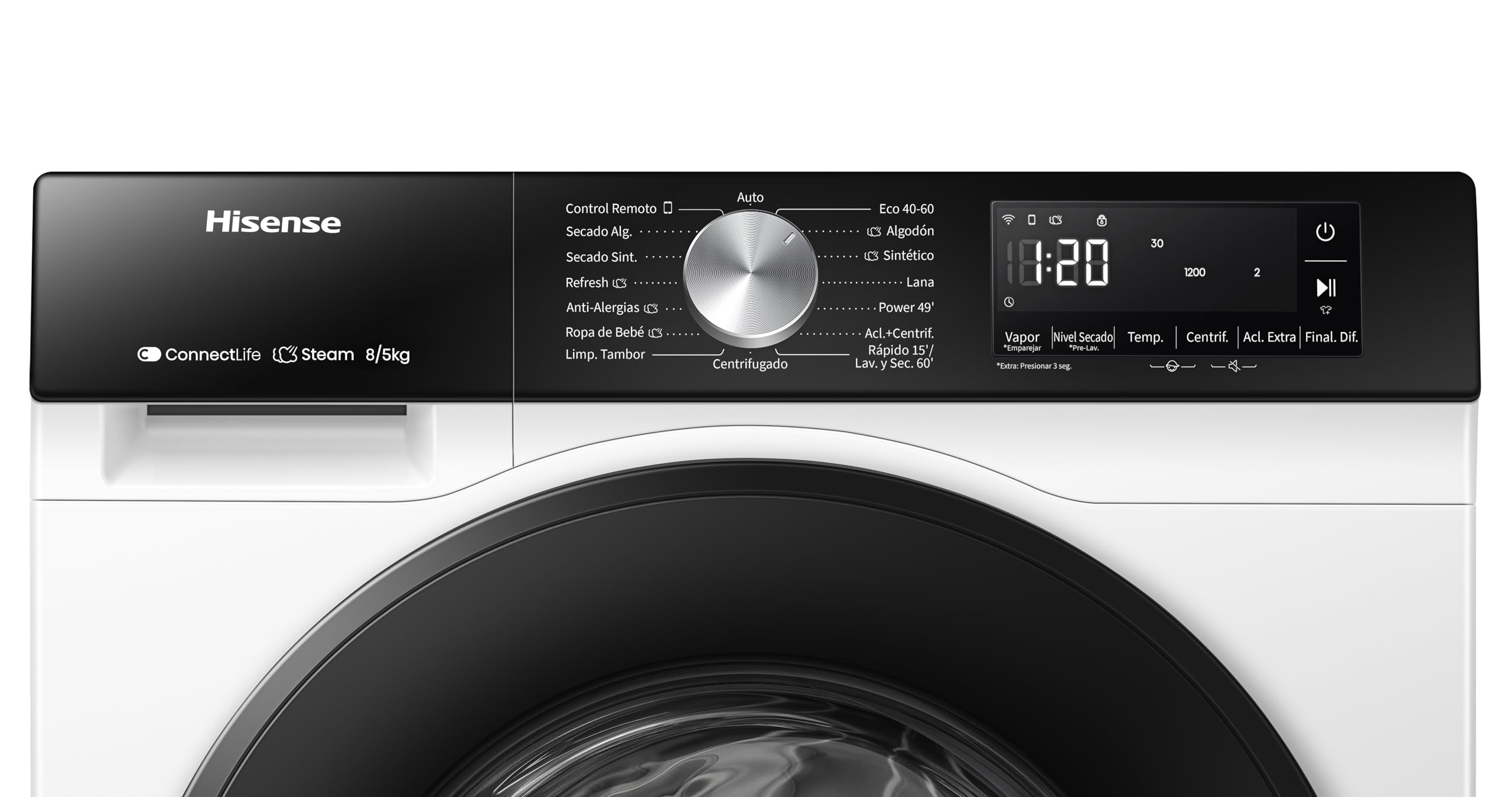 Hisense WD3S8043BW3, Lavadora Secadora, 8/5 Kg, Class A-30%/D, 1400 RPM, Ancho 60 cm, 16 Programas, Blanco